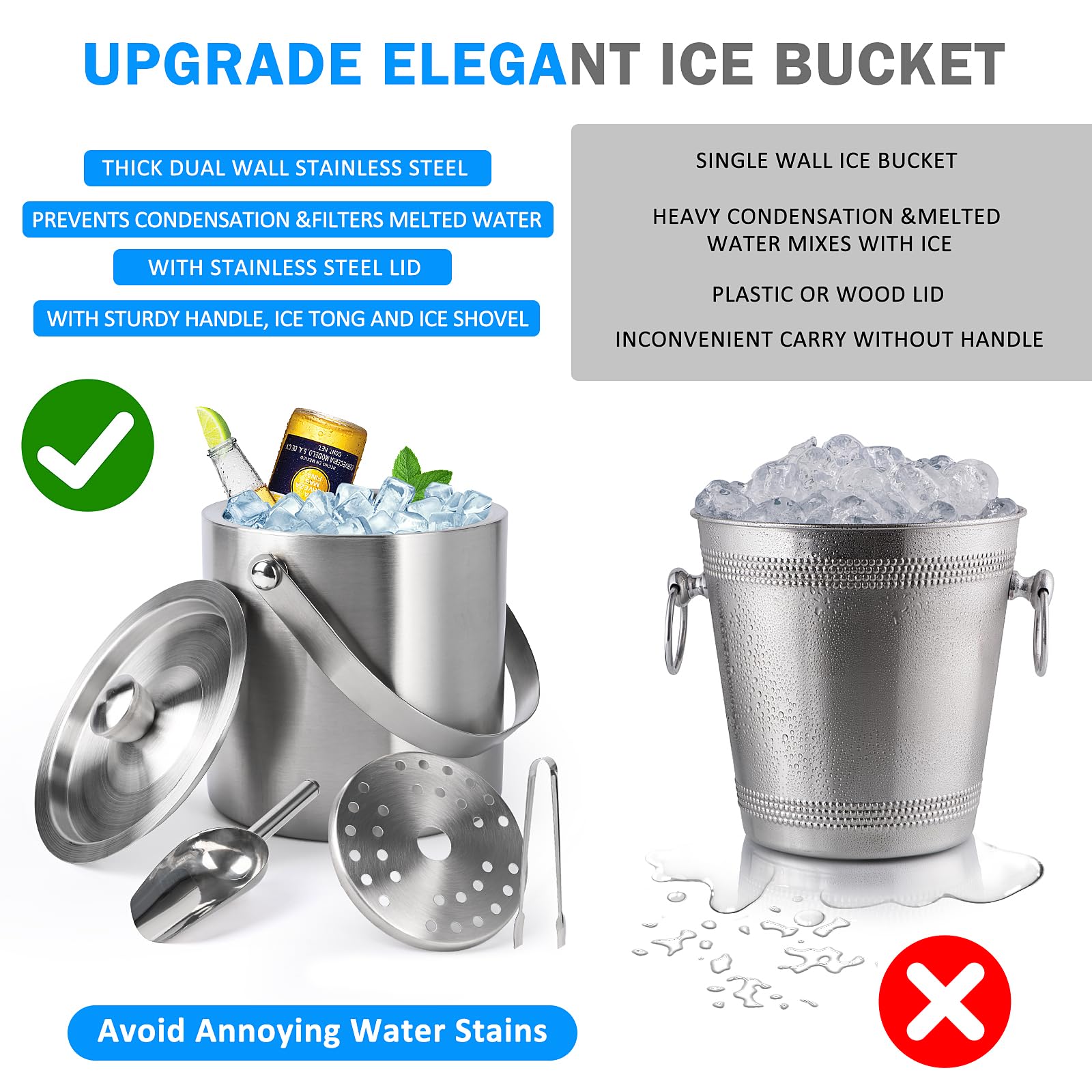 2L Récipient à Glaçons, Seau à Glace en Acier Inoxydable Isolé à Double Paroi avec Couvercle, Cuillère, Pinces et Passoire, Idéal pour Les Bars à Cocktails, Les Fêtes, Le Champagne