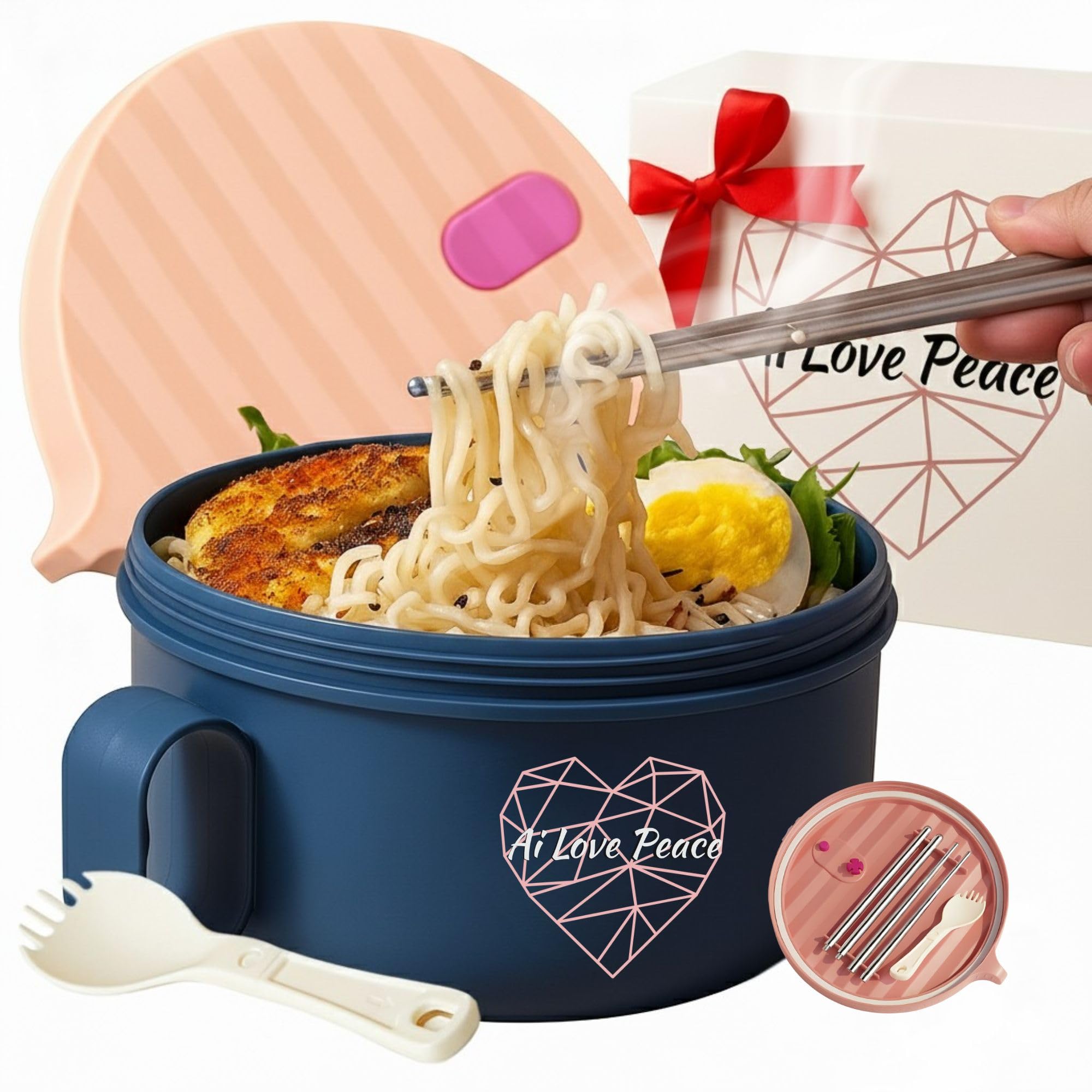 AI LOVE PEACE Microwave Noodle Bowl, BPA-Free 1200ml Soup Mug with Handles, Portable Ramen Container for Students & Offices, Pink