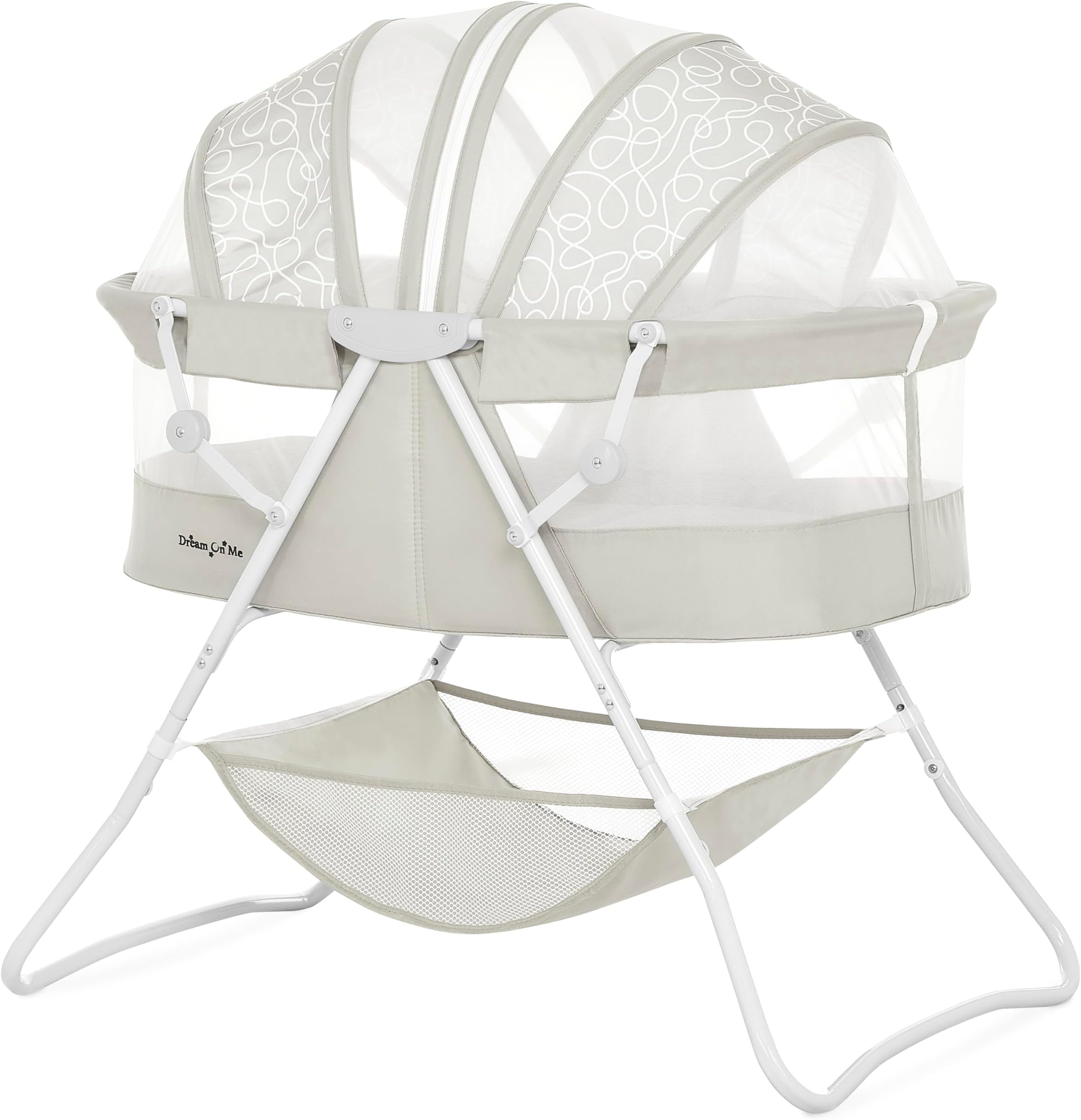 Dream On Me Karley Bassinet in Cool Grey, Lightweight Portable Baby Bassinet, Quick Fold and Easy to Carry, Adjustable Double Canopy, Indoor and Outdoor Bassinet with Large Storage Basket.