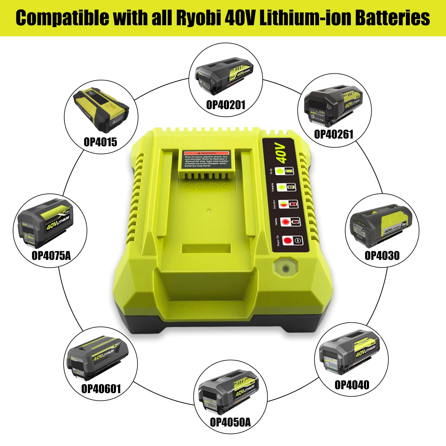 SKYON 40V Rapid Charger OP401 OP403 OP404 OP406A OP409A Compatible with Ryobi 40V 6Ah OP40601 OP40602 OP4060A1 5Ah OP4050A 4Ah OP4040 3Ah OP4030 2.6Ah OP40261 OP4026 2Ah OP40201 Battery Fast Charger