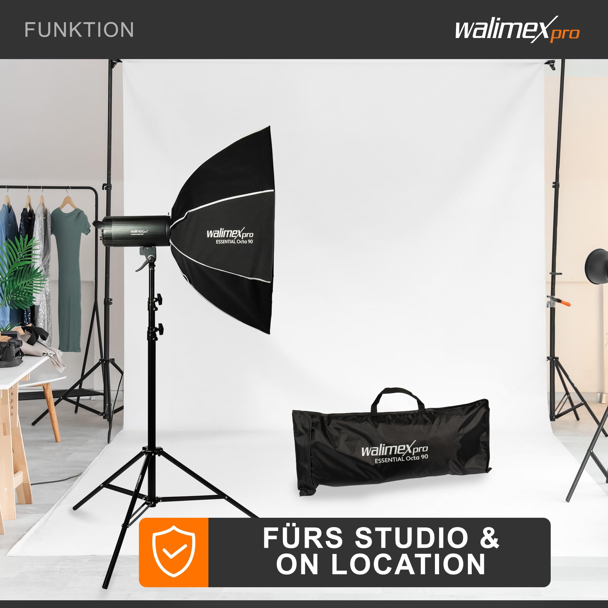 Walimex pro Essential Softbox Octagon 90cm, um 360° drehbar, einfacher Aufbau, inkl. Grid, Bowens Adapter und Transporttasche, ideal für Porträts und Beauty-Aufnahmen