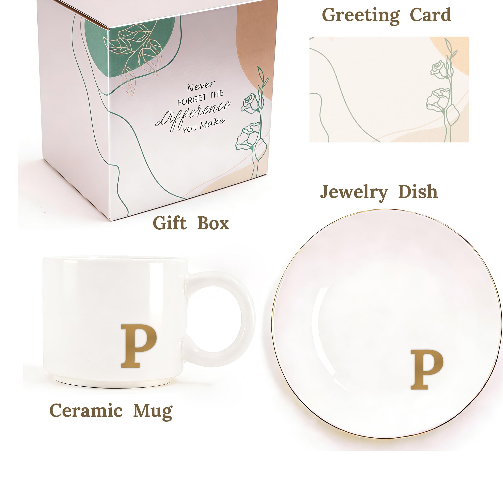 RainVibe Elegant Gift Set for Women – Personalized Monogram Ceramic Mug & Jewelry Tray – 12 oz Gold-Initial Coffee Cup with Gift Box, 4.75" Decorative Dish for Rings, Earrings, Keys (Letter P)