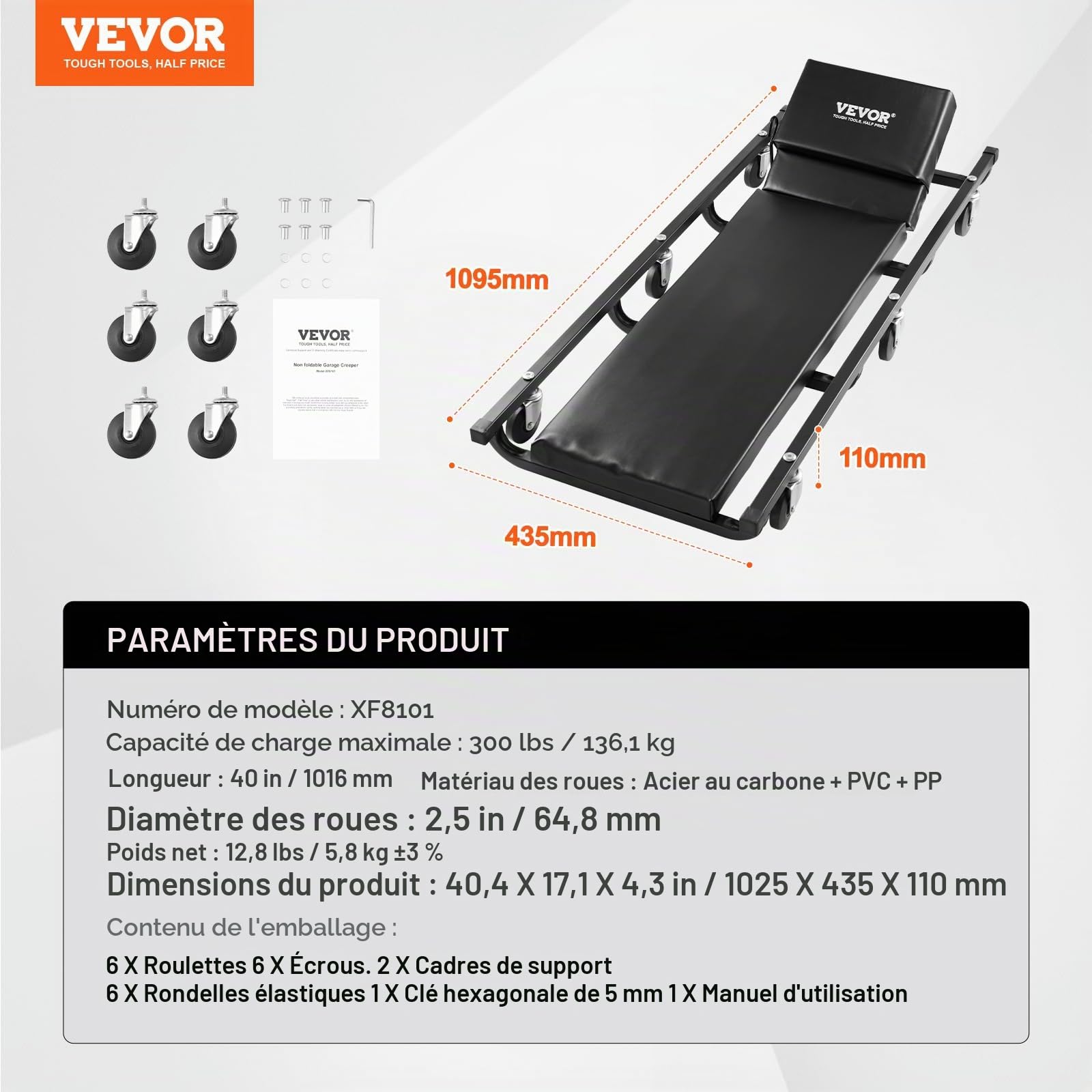 VEVOR Chariot de Visite 102,5 cm, Chariot de Mécanicien Charge 136,1 kg, Cadre en Acier, avec 6 roulettes, Appui-tête Rembourré Réglable, Profil Bas, pour Garage, Atelier, Réparation Automobile
