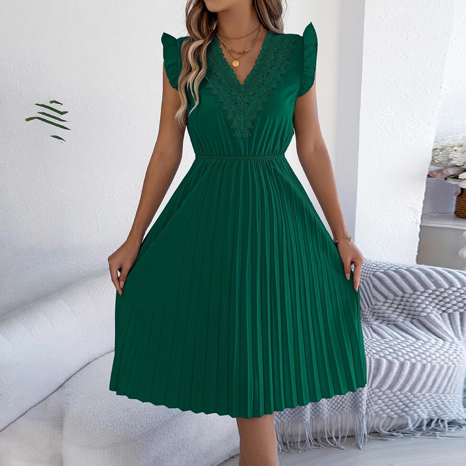 Women's Lace Trim V Neck Midi Dress Ruffle Sleeve Pleated Elastic Waist Dress Elegant Summer Cocktail Dresses 2026