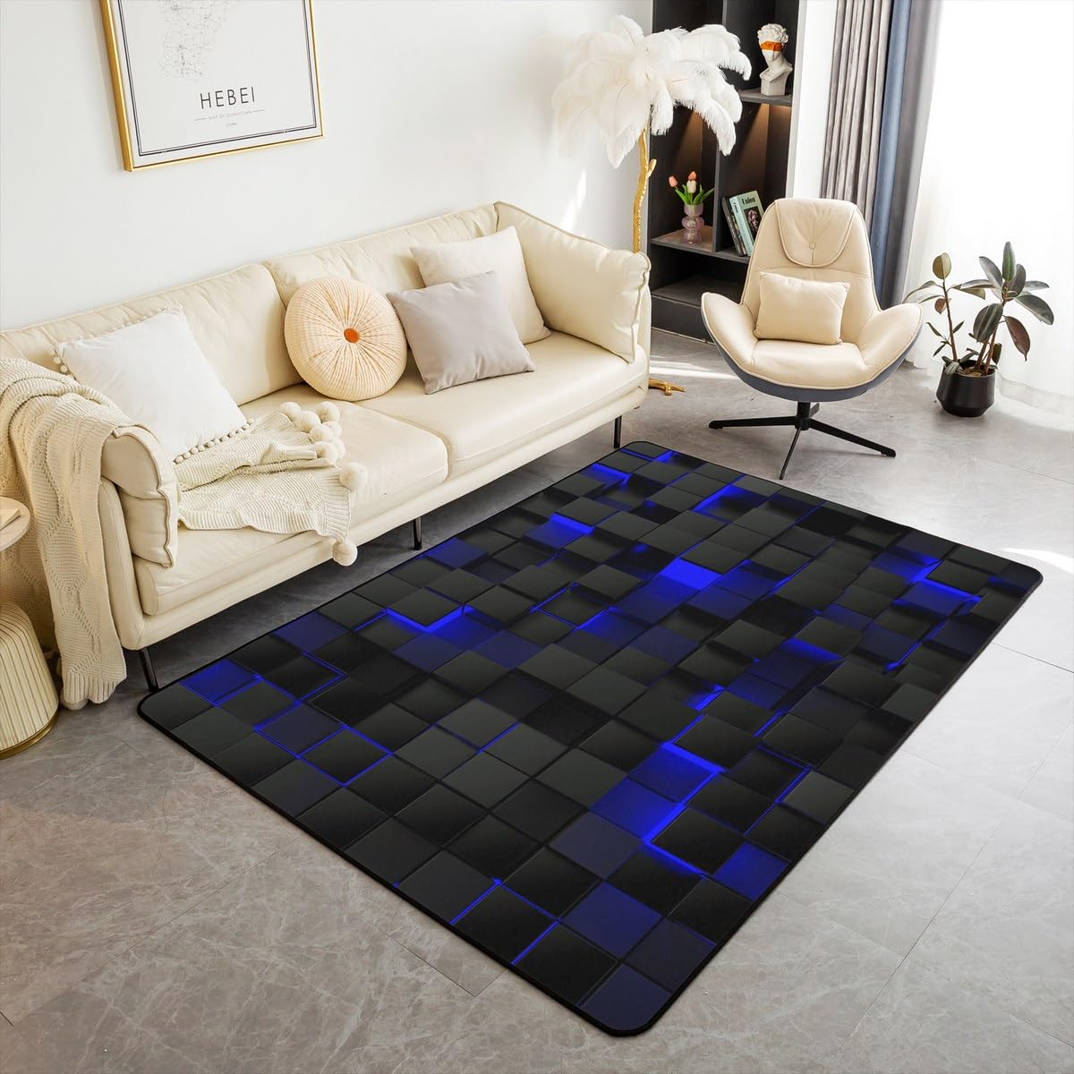 Erosebridal Teen Boy Geometric Rug 3x5 Black Navy Royal Blue Kids Area Rug,Neon Abstract Stereoscopic Check Grid Carpet Square Plaid Decorative Rug 3D