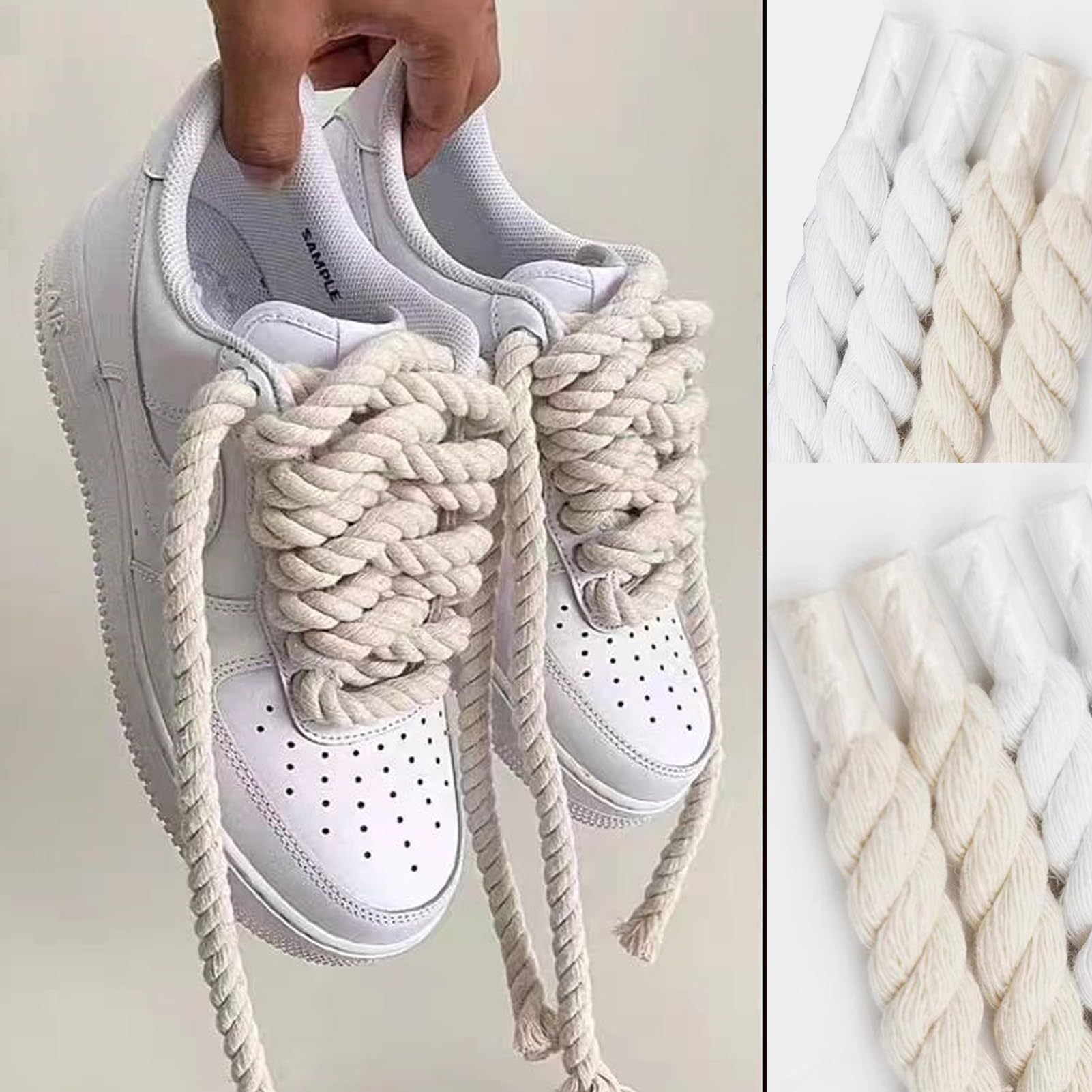 Rope Laces, 2 pary szerokich, okrągłych sznurowadeł sznurowanych do butów sportowych - 2 pary wysokiej jakości okrągłych sznurowadeł z bawełny - biały i beżowy - 160 cm, biały beżowy, 150