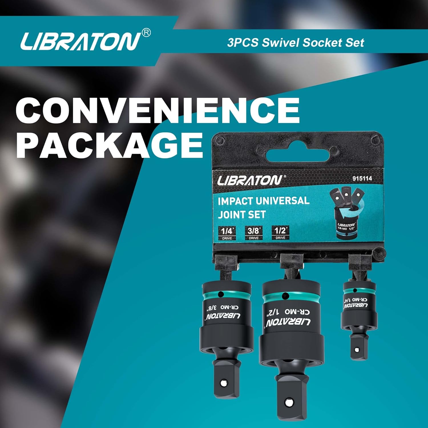 Libraton Swivel Socket Set, Impact Swivel Socket Set, Wobble Socket, Impact Grade Universal Joint, Cr-Mo Steel, 1/4-Inch, 3/8-Inch, 1/2-Inch Drive