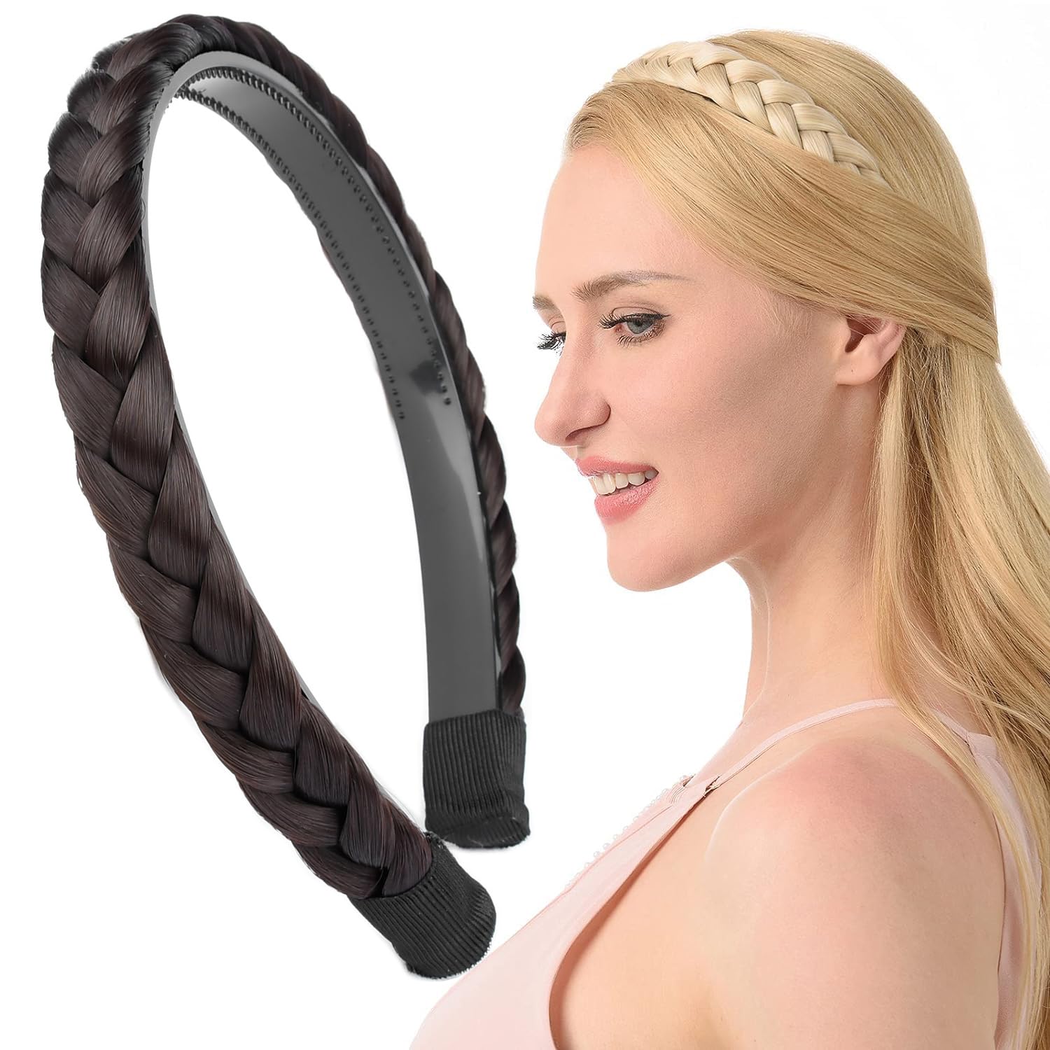 Gledola Braided Headband With Teeth Braids Hairband With Tooth Synthetic Hair Band Plaited Hairband For Women (Dark Brunette)