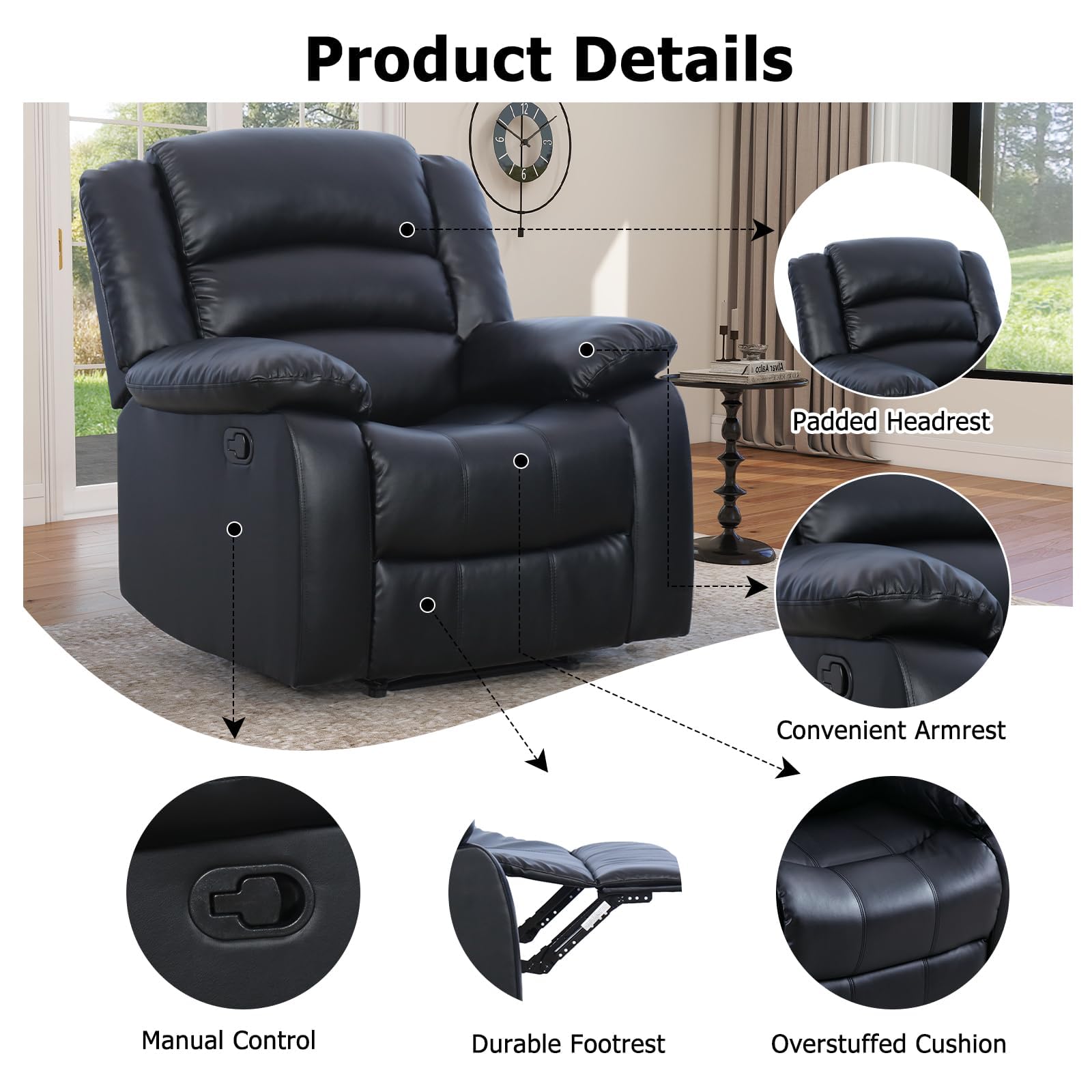 EBELLO Faux Leather Manual Recliner Sofa, Overstuffed Comfortable Armrest 3 Seat Sofa, Reclining Couches for Living Room, Bedroom Furniture, Meeting Room, Black view 3