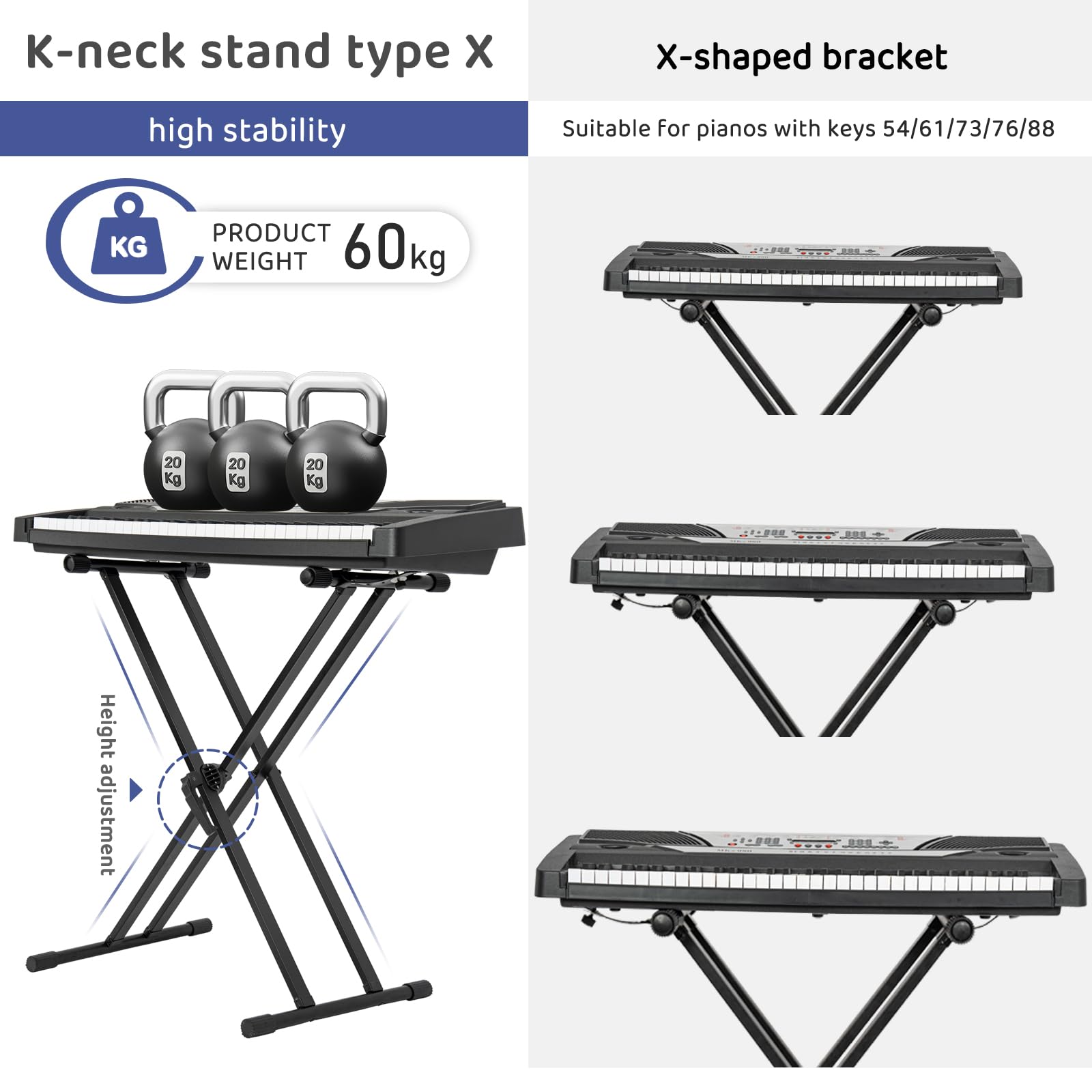 AKOZLIN Keyboardständer X-Style, regolabile in altezza 23,6-39 pollici | Meccanismo a rilascio rapido, cinghie di serratura, pieghevole, nero