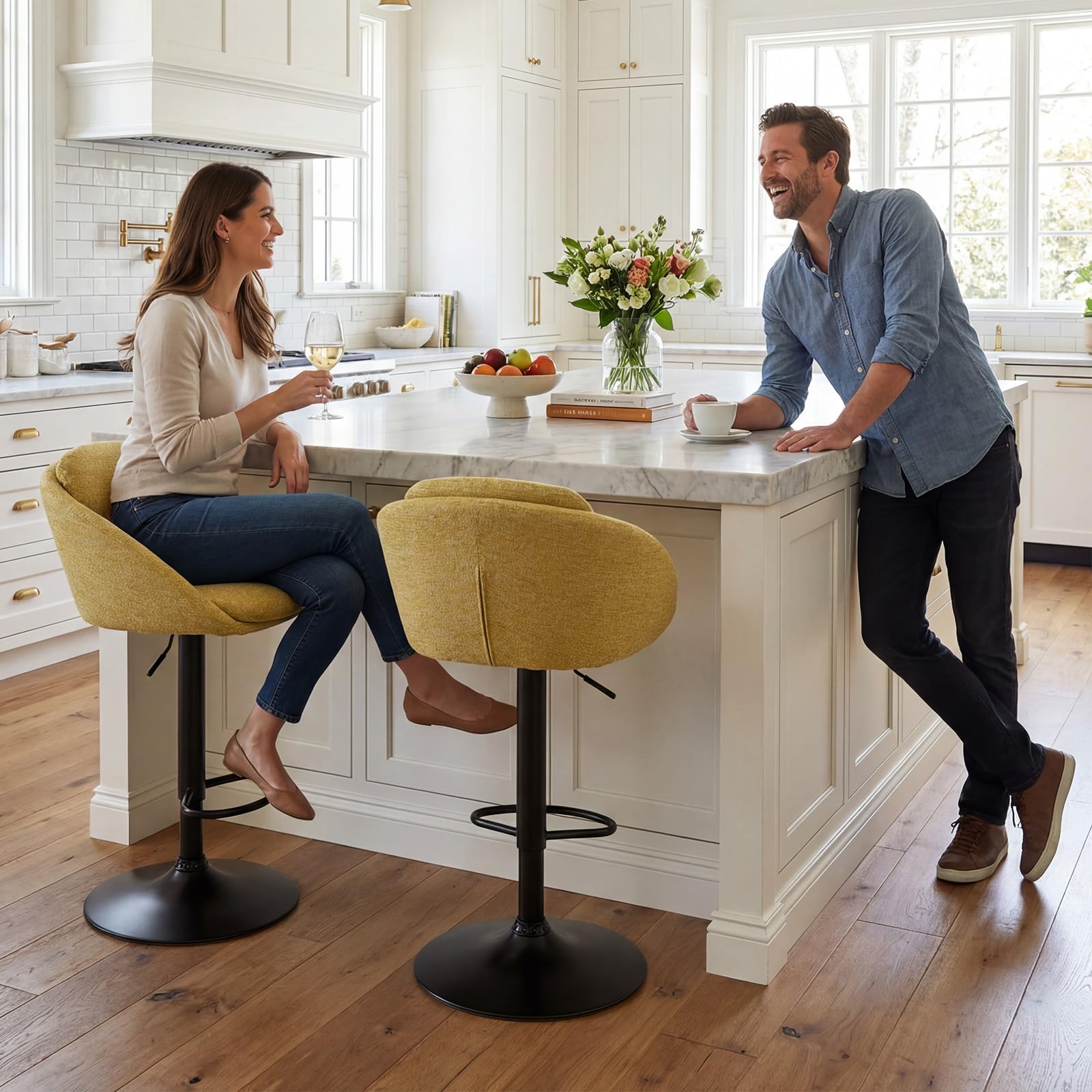 Ya-Home Tabouret de Bar Moderne Pivotant Lot de 2, Jaune | Chaises de Bar en Chenille, Chaise Haute Cuisine Réglable en Hauteur, Tabouret Haut avec Dossier Courbé