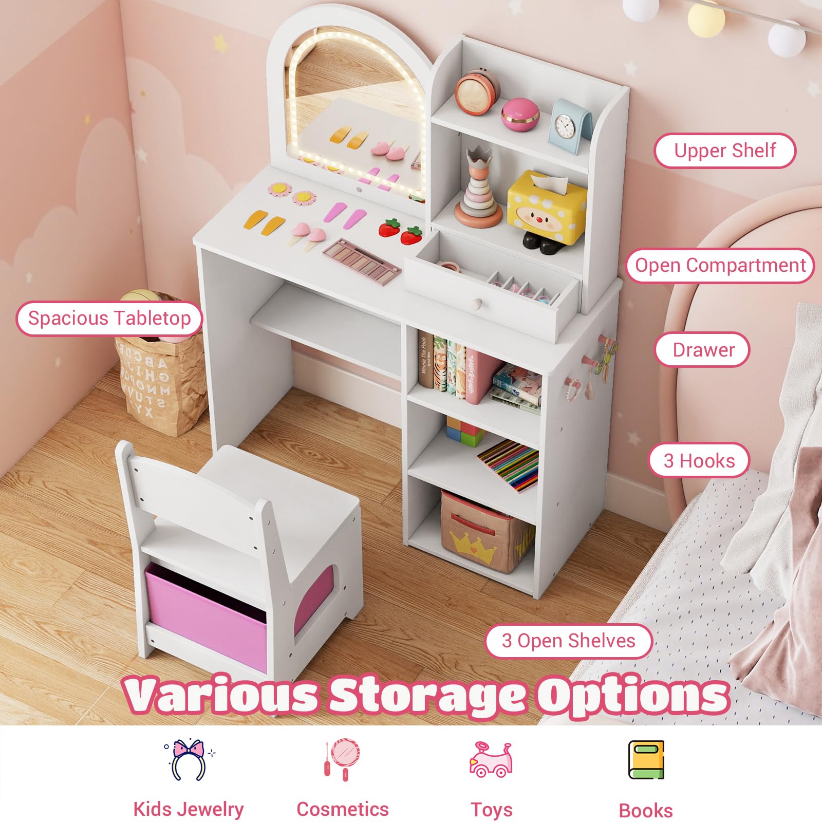 LIFEZEAL Specchiera Trucco per Bambina 3+Anni, con Luci, Sgabello, Sedia, Toeletta Tavolo da Trucco, Postazione Make up, Toilette, Vanity, con Cassetti, Scomparti Aperti, per Cameretta (bianco)