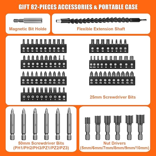 Miniatura 6 de ENERTWIST Destornillador inalámbrico, destornillador eléctrico de 8 V máx. 10 Nm, juego recargable con 82 accesorios y cargador en estuche de