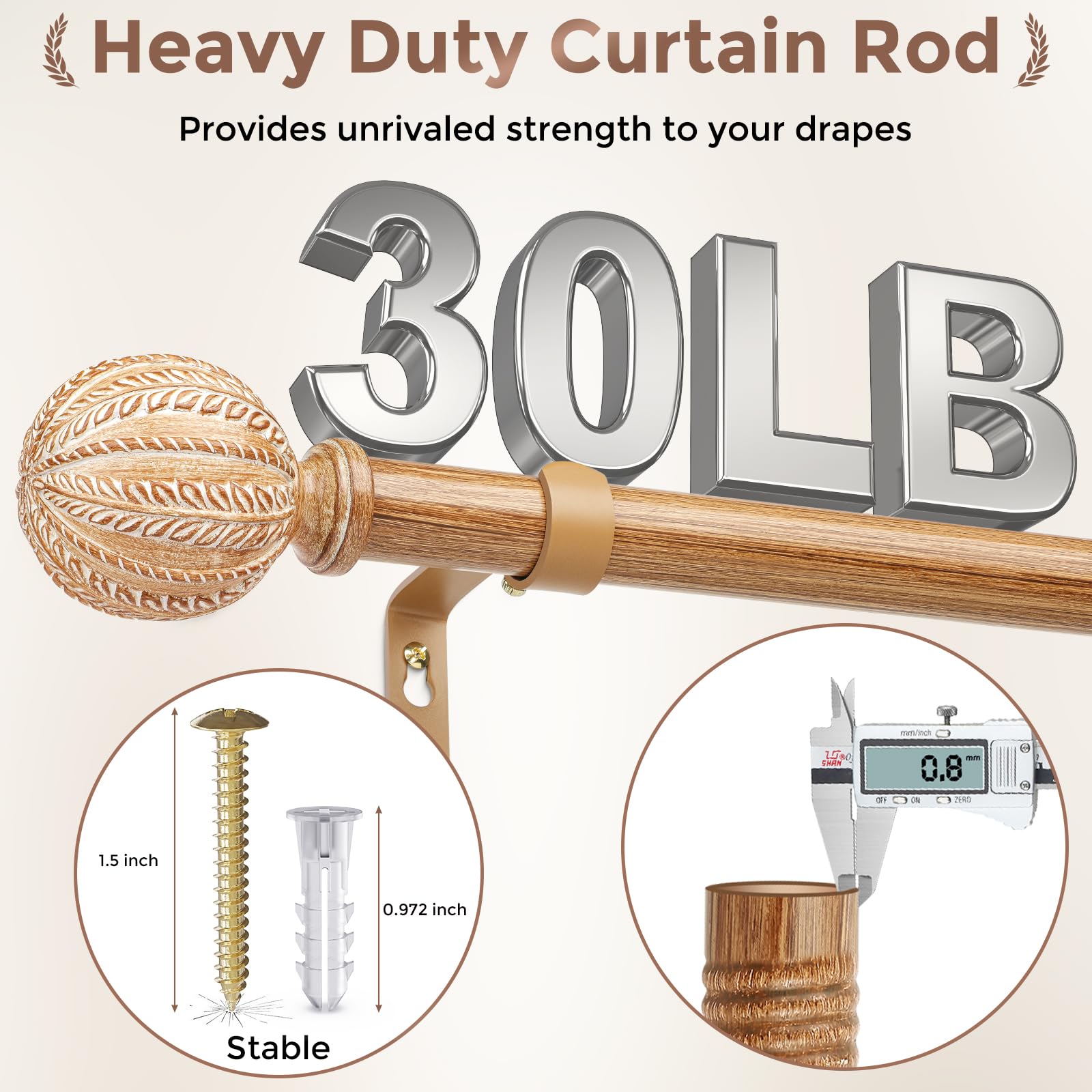 Confezione da 2 aste per tende in legno per finestre da 122 a 213 cm, diametro 2,5 cm, regolabili, rustiche, resistenti, stile bohémien, con venature del legno, dimensioni: 76-223 cm