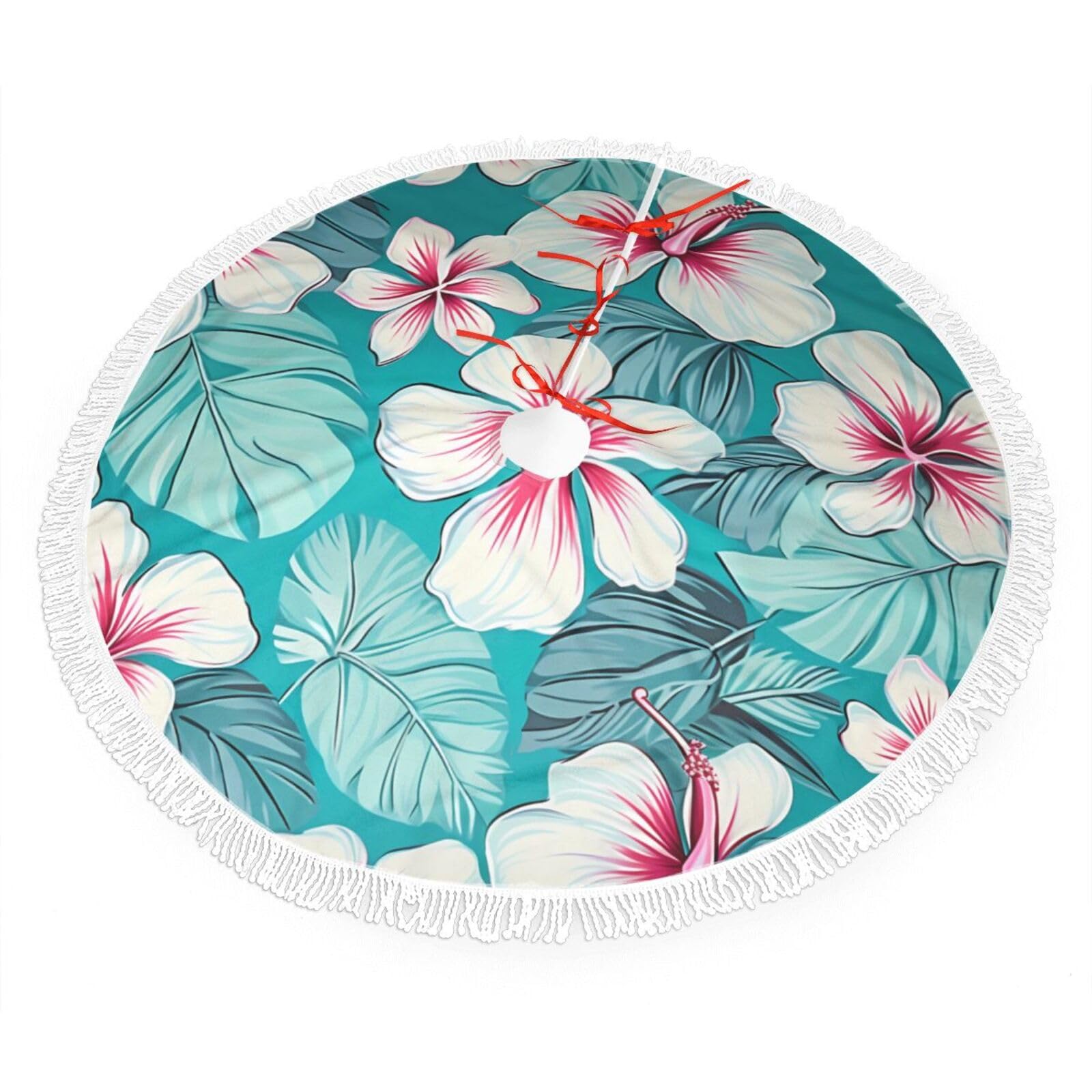 Tropical Hibiscus Flowers Christmas Tree Skirt 48", Soft Plush Xmas Tree Carpet with Tassel Christmas Ornaments Winter Holiday Tree Mat Decoration for Home Party Supplies