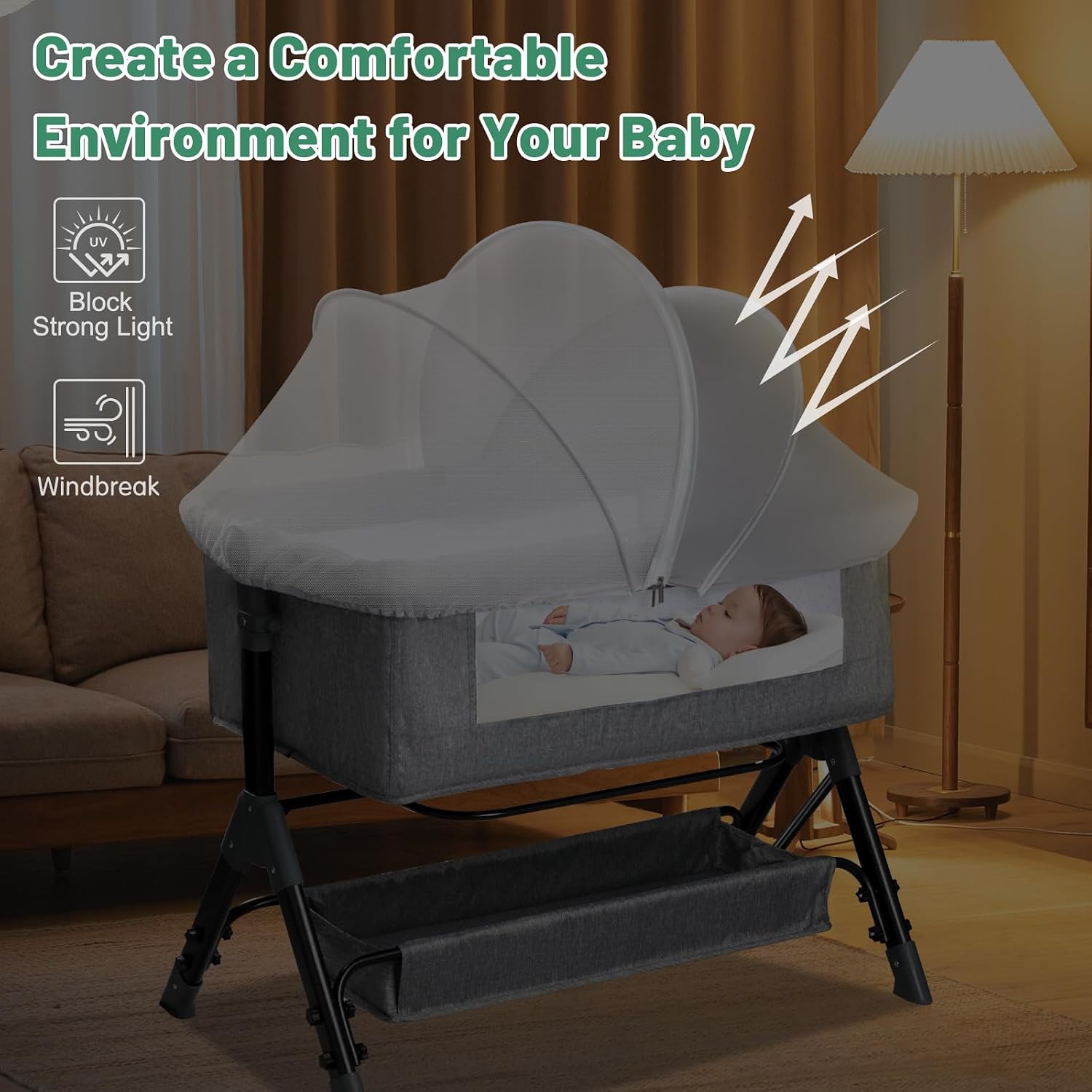 Bassinet Cover for Cats - Blackout Breathable Mosquito Net for Baby Bedside Sleepers & Travel Cribs, 2-Way Zipper Bug Canopy Tent to Block Light & Keep Cats Out (Gray-Small)