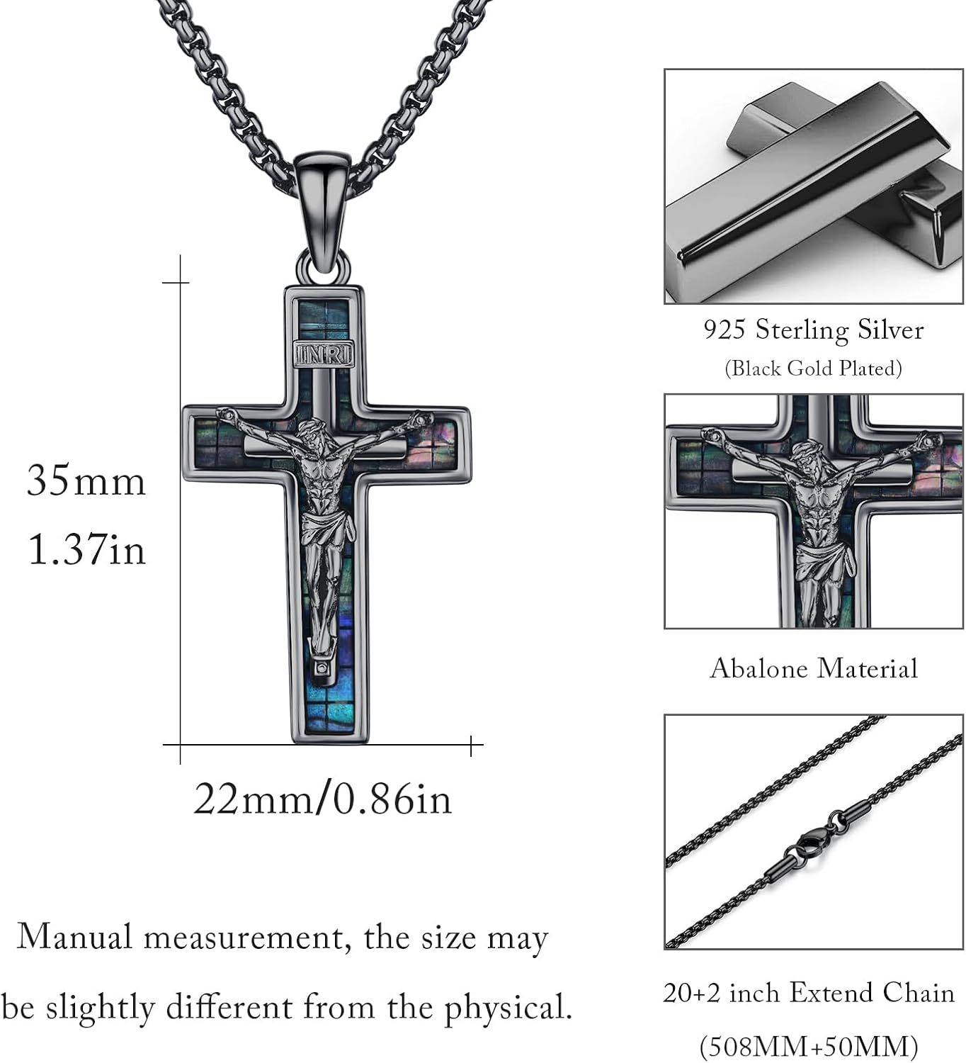 Crucifix Necklace 925 Sterling Silver Jesus/Orthodox Cross Pendant Gold Plated Necklace Abalone/Turquoise/Malachite Cross Jewelry Gift for Men Women Friend Brother - Image 5