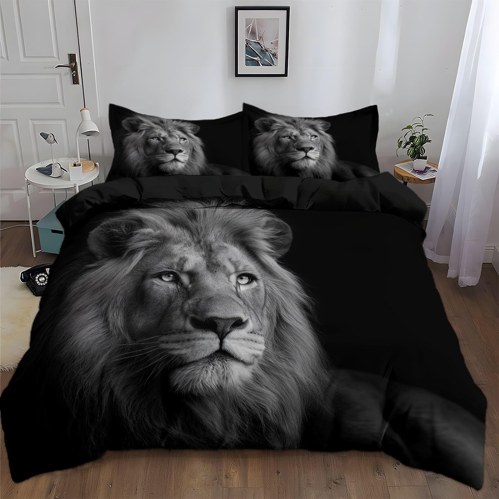 Housse de couette 200x200 lion lit réversible en microfibre noire avec 2 taies d'oreiller
