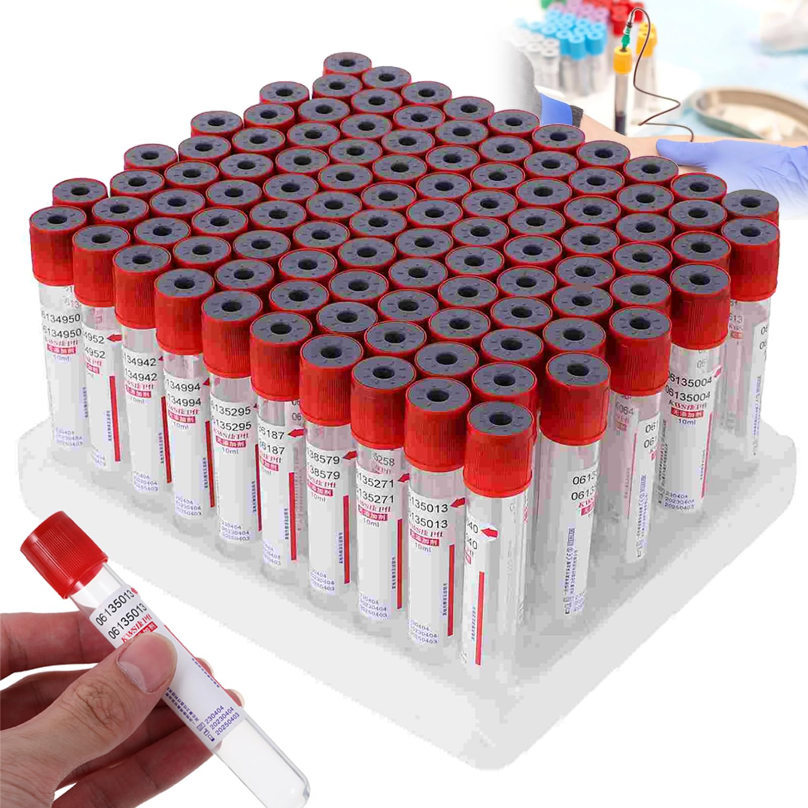 100 Provette per La Raccolta del Sangue in Vetro, Provette Monouso per La Raccolta del Sangue Sottovuoto da 3 Ml / 5 Ml / 10 Ml per Laboratorio Veterinario, Senza Additivi, Tappo Rosso,10ml