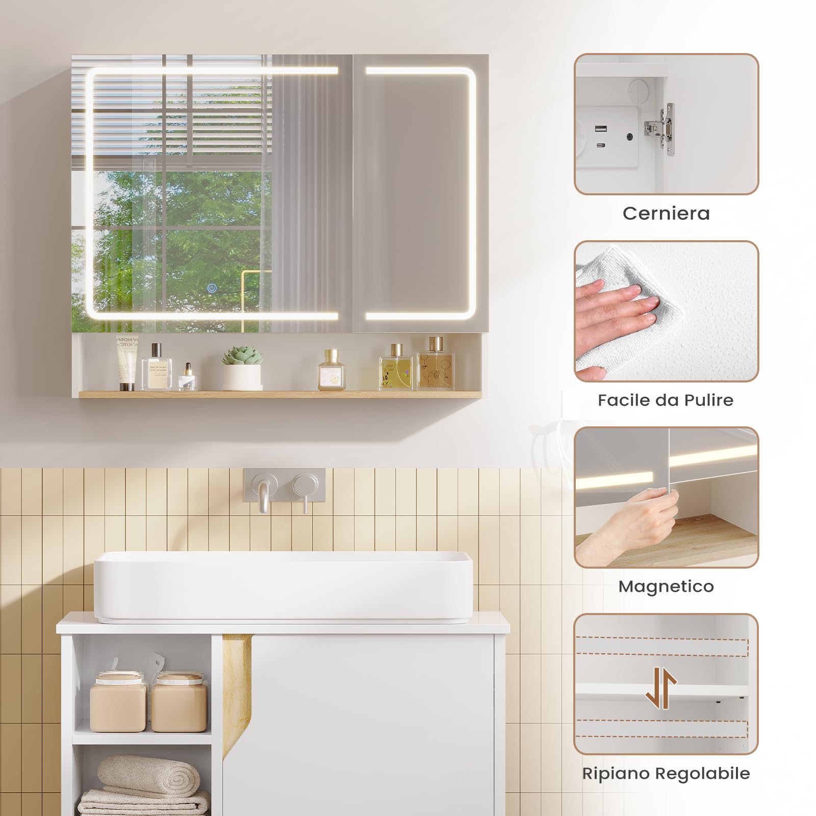 Specchio Bagno Contenitore 80x16x65 cm con Luce LED e Presa Elettrica, Specchiera Bagno con Ripiani Regolabili, Mobile Bagno con Specchio, 3 Temperature di Colore, Comandi Touch, HD, Bianco
