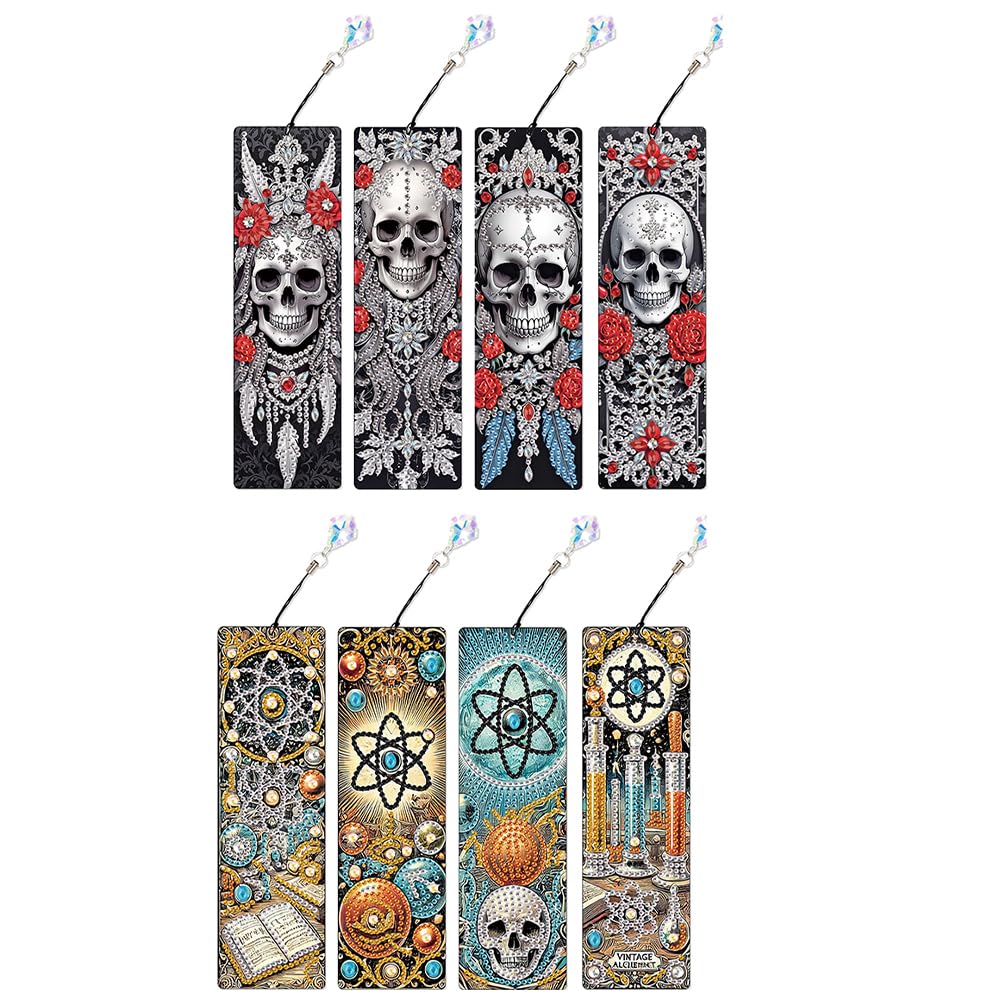 8PCS Skull DIY Diamond Art Bookmark,PET Bookmark Folder Ornament Single-Sided Special Shaped Drill,Bookmarks Set Gift for Adults Book Lovers