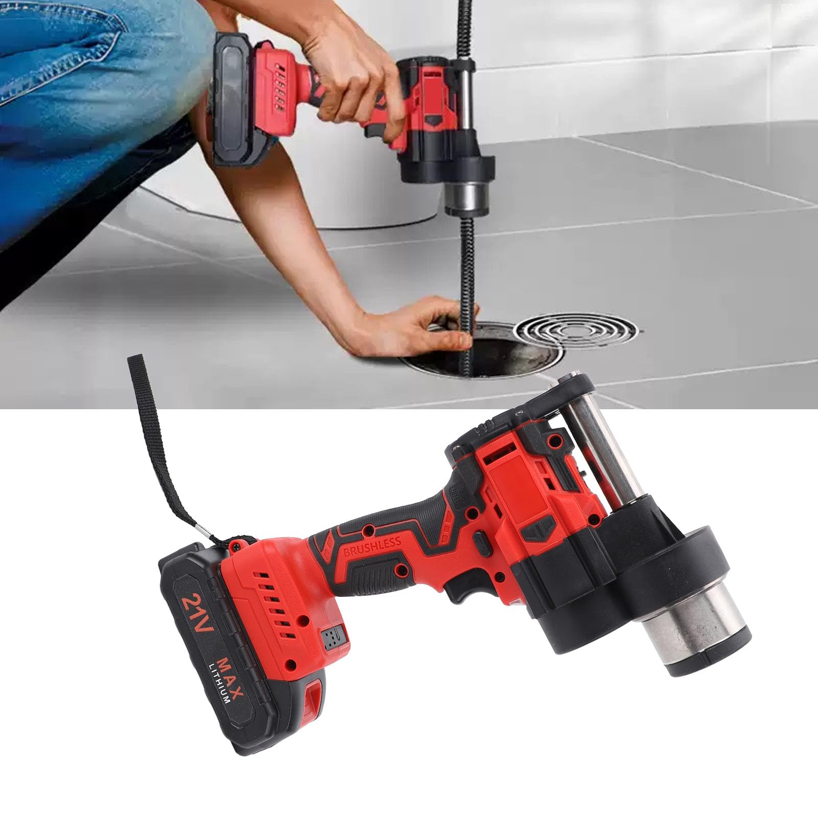 Schnurloser Elektrischer Abflussreiniger, 21 V 7,5 M Automatische Baggermaschine, Ergonomischer Griff, Starke Leistung für Badezimmerrinnen, Küchenspülen, Abflüsse (EU -Stecker)