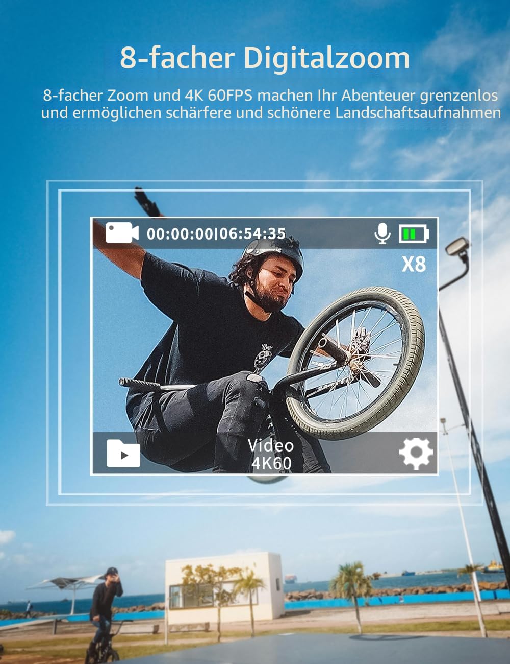 Apexcam M80 Action Cam 4K60FPS 48MP WLAN Sportskamera 40m Wasserdicht 8X Zoom 2.4G Fernbedienung 2x1350mAh Akkus