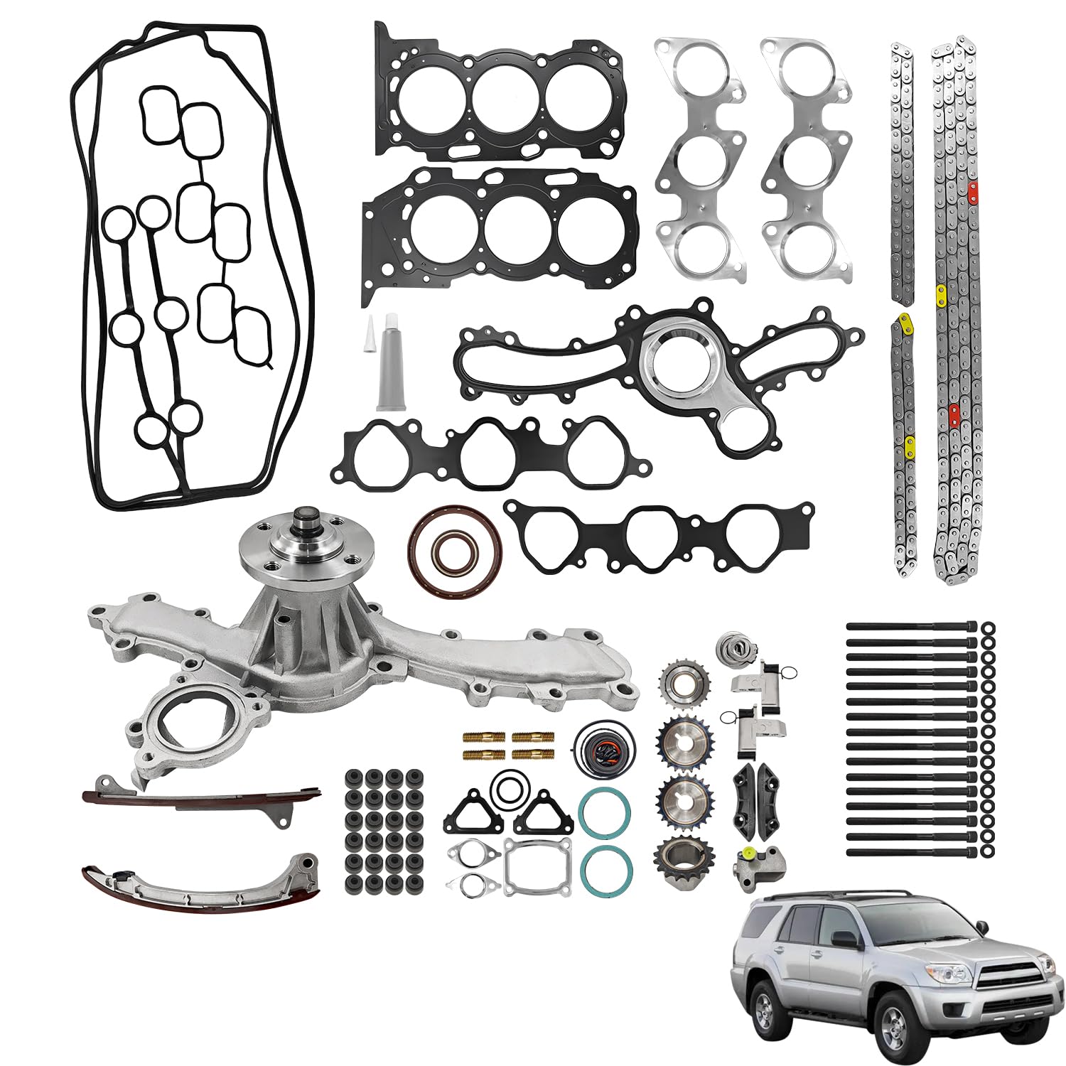 1GR-FE 4.0 Head Gasket Set with Timing Chain Kit & Water Pump Fit for Toyota Tacoma 4Runner Tundra FJ Cruiser 2003-2015 DOHC 1GRFE Replaces 1610009471