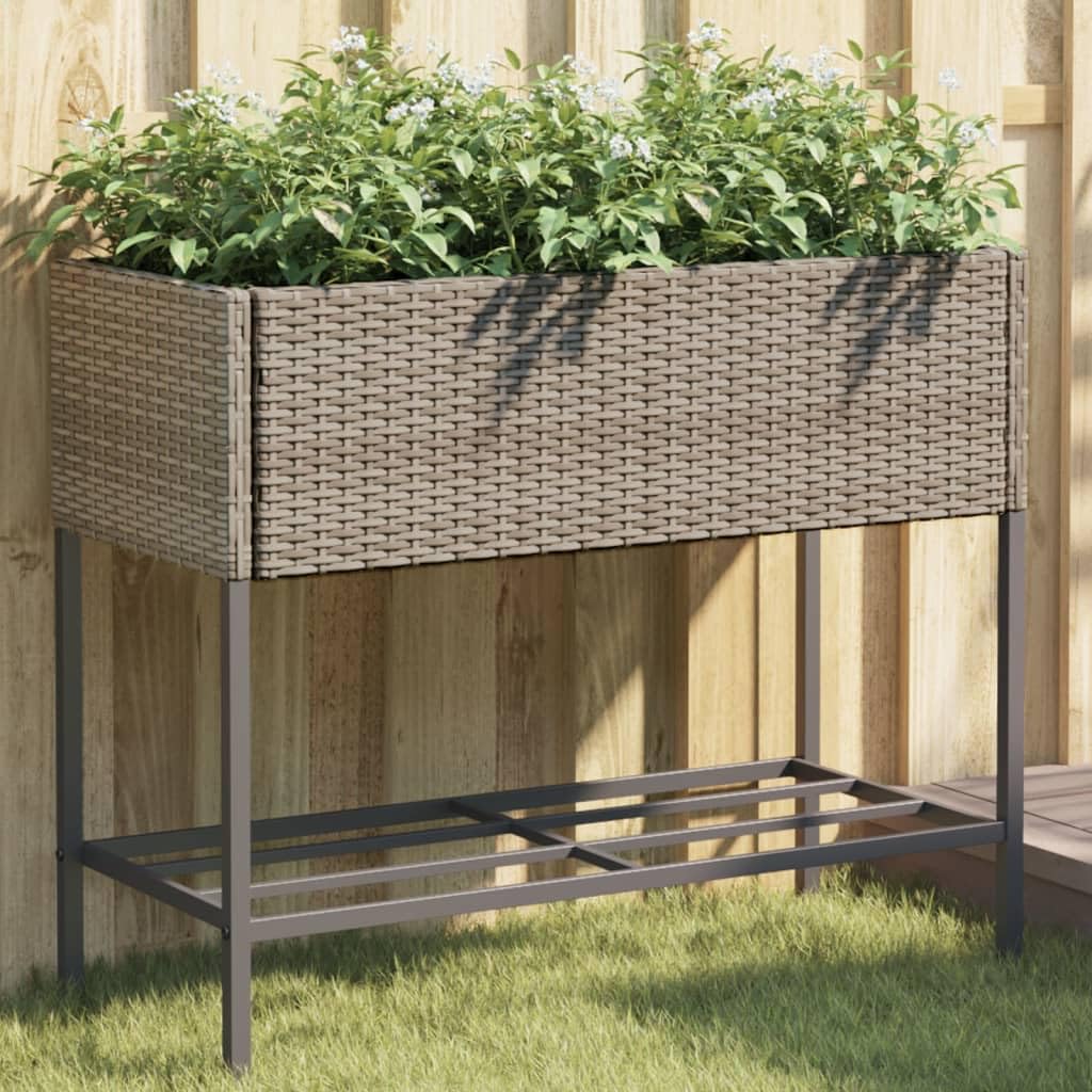 Jardinera de jardín gris 90 x 40 x 75 cm polirratán | Estructura de acero con recubrimiento en polvo, estante de almacenamiento, 2 modos de uso, para exteriores