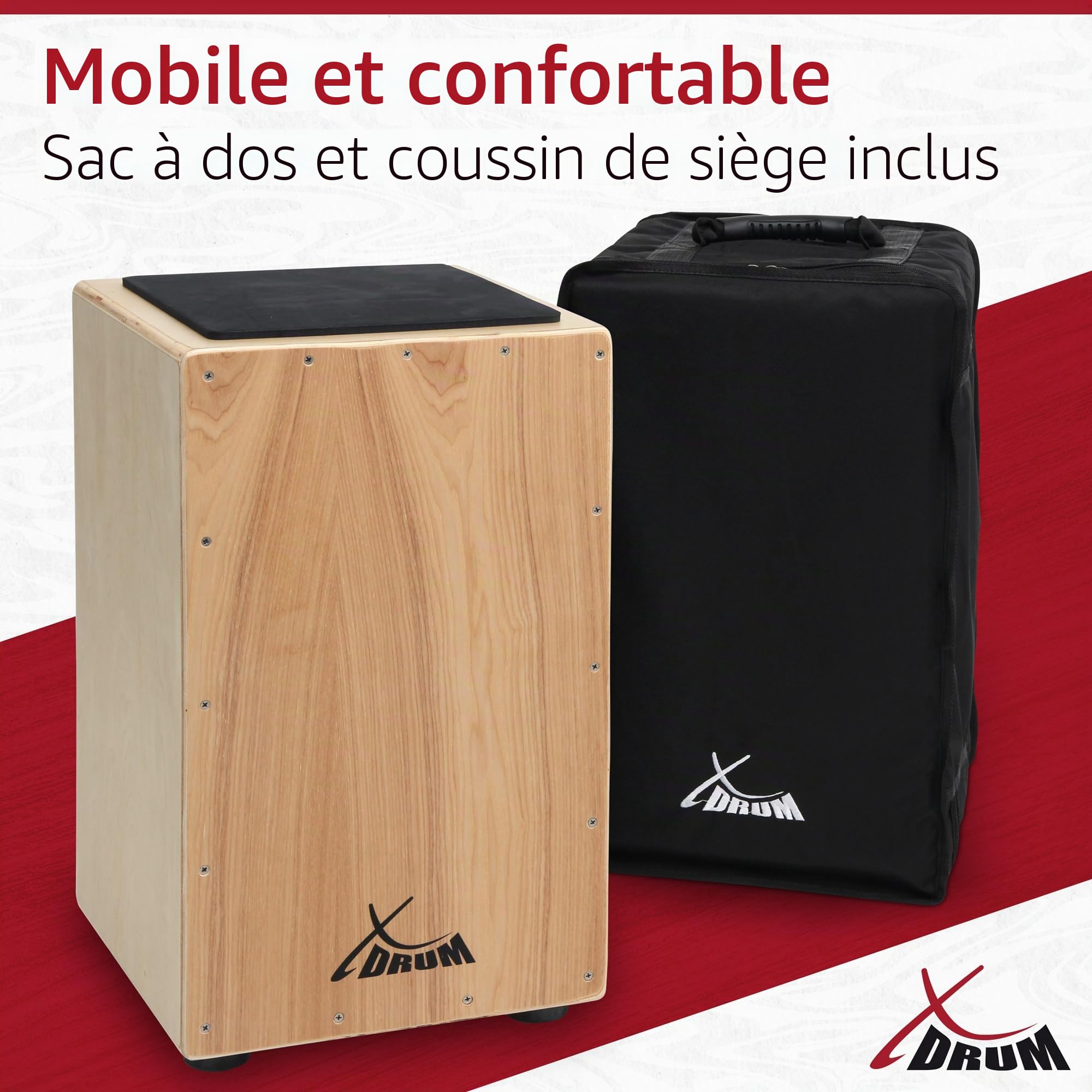 XDrum Cajon Primero Naturel incl. école de cajon et sac, Corps: tilleul | Surface de frappe: tilleul, Face avant vissée, Construction afro-péruvienne, Trou de son à l’arrière, Poids: 3, 9 kg