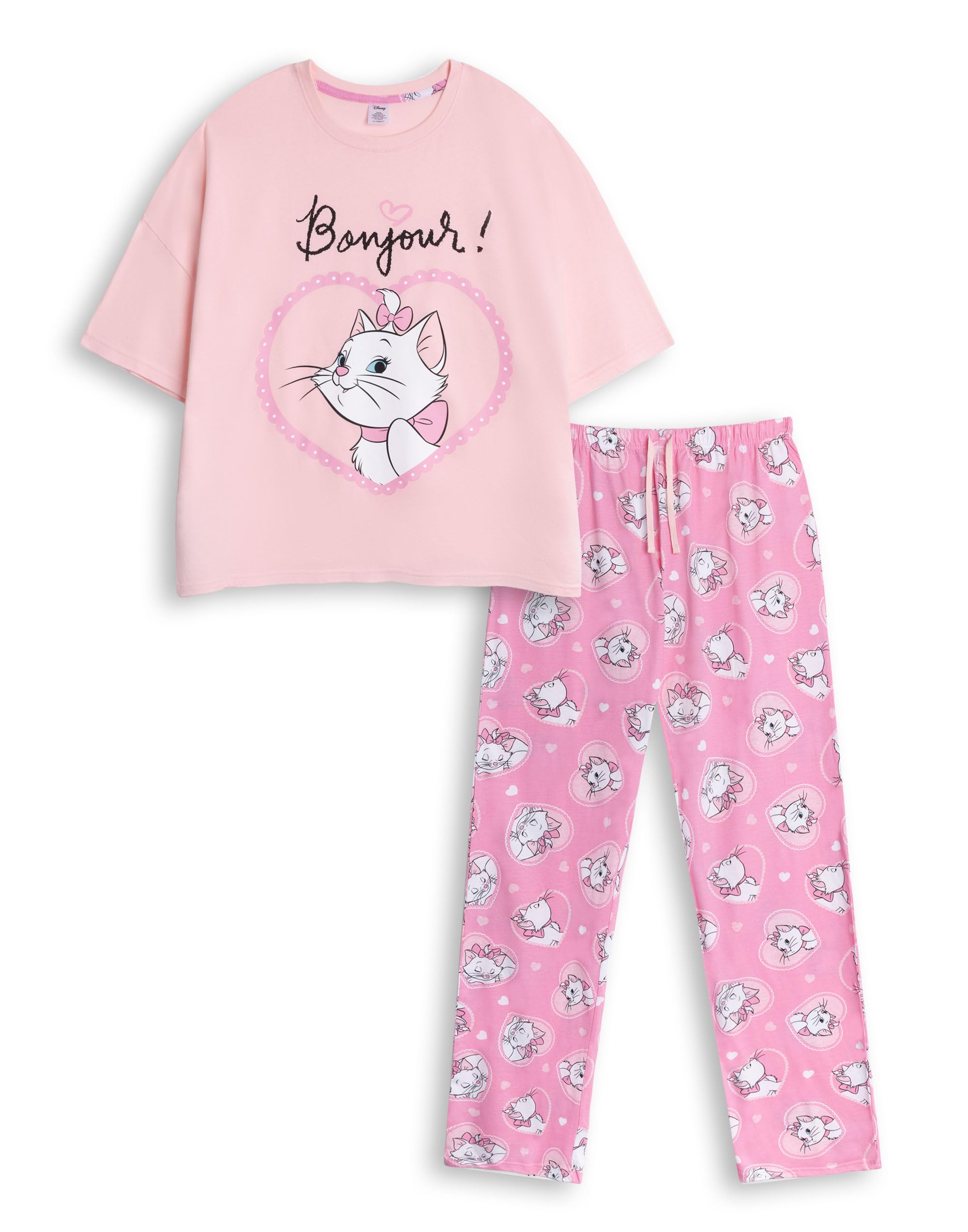The Aristocats Marie Womens Pink Short Sleeve Long Leg Pyjama Set | Cartoon Print Sleepwear Retro Loungewear