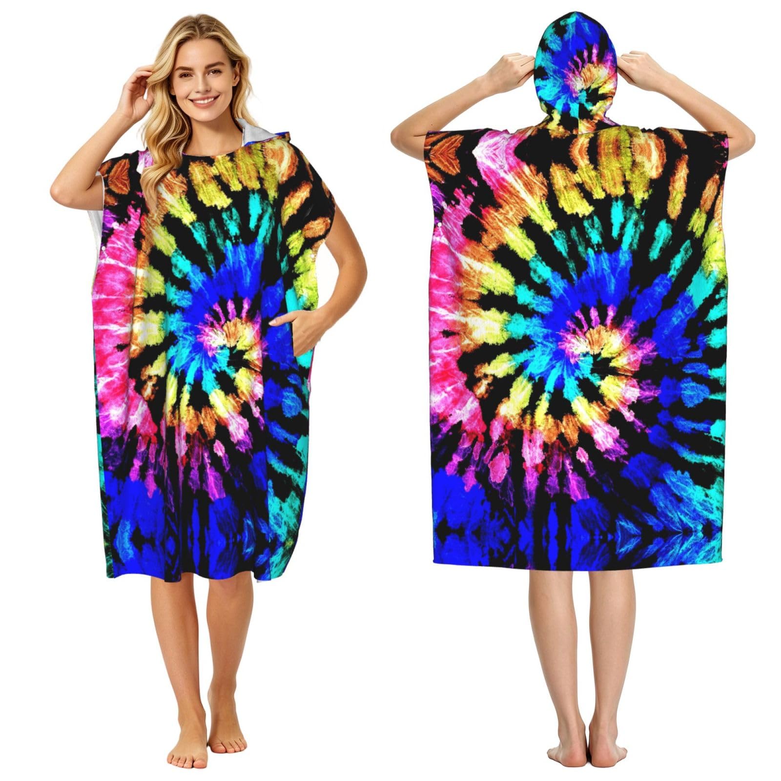 EZDLOWVBA Exotic Tribe Tie Dye Style Print Hooded Poncho Microfiber Beach Towel,Adult Women & Men Changing Robe,Lightweight Summer Surf Swim Bath Poncho Towel