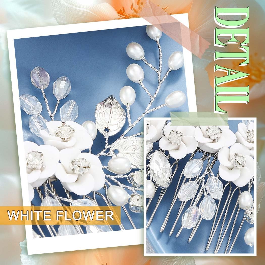 JEAIRTS Flower Bride Weddding Hair Comb Silver Pearl Crystal Bridal Hair Accessories for Women