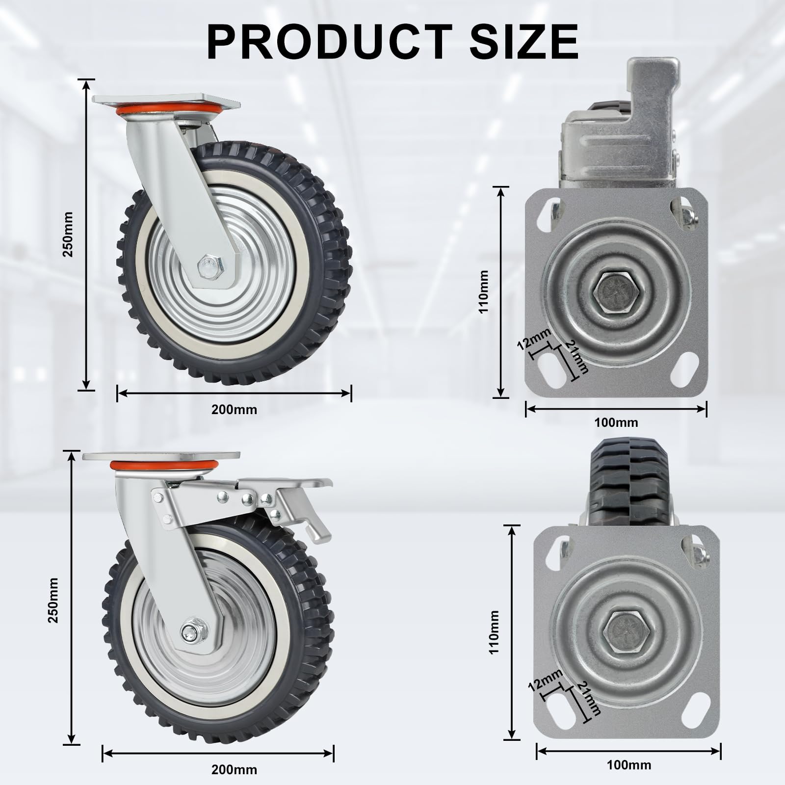 Set Di 4 Ruote Per Carichi Pesanti Da 2000 Kg – Diametro 200 Mm, 2 Girevoli Con Freno E 2 Fisse, In Gomma Piena Per Tavoli E Carrelli Industriali
