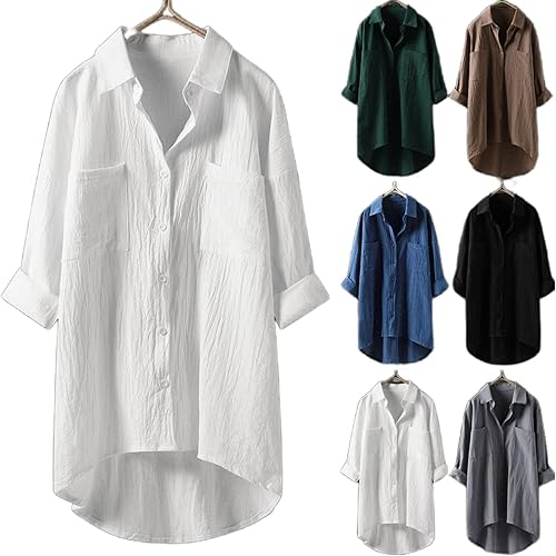 Camisas para mujer, blusas casuales elegantes de algodón y lino, con botones, manga larga, ajuste holgado, para el trabajo, blusas de gran tamaño