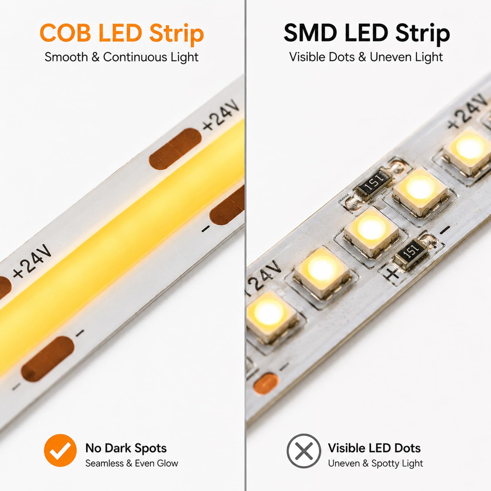 Ruban LED Interieur COB 10 m Blanc Chaud 2700 K,Télécommande et Boutons,24V