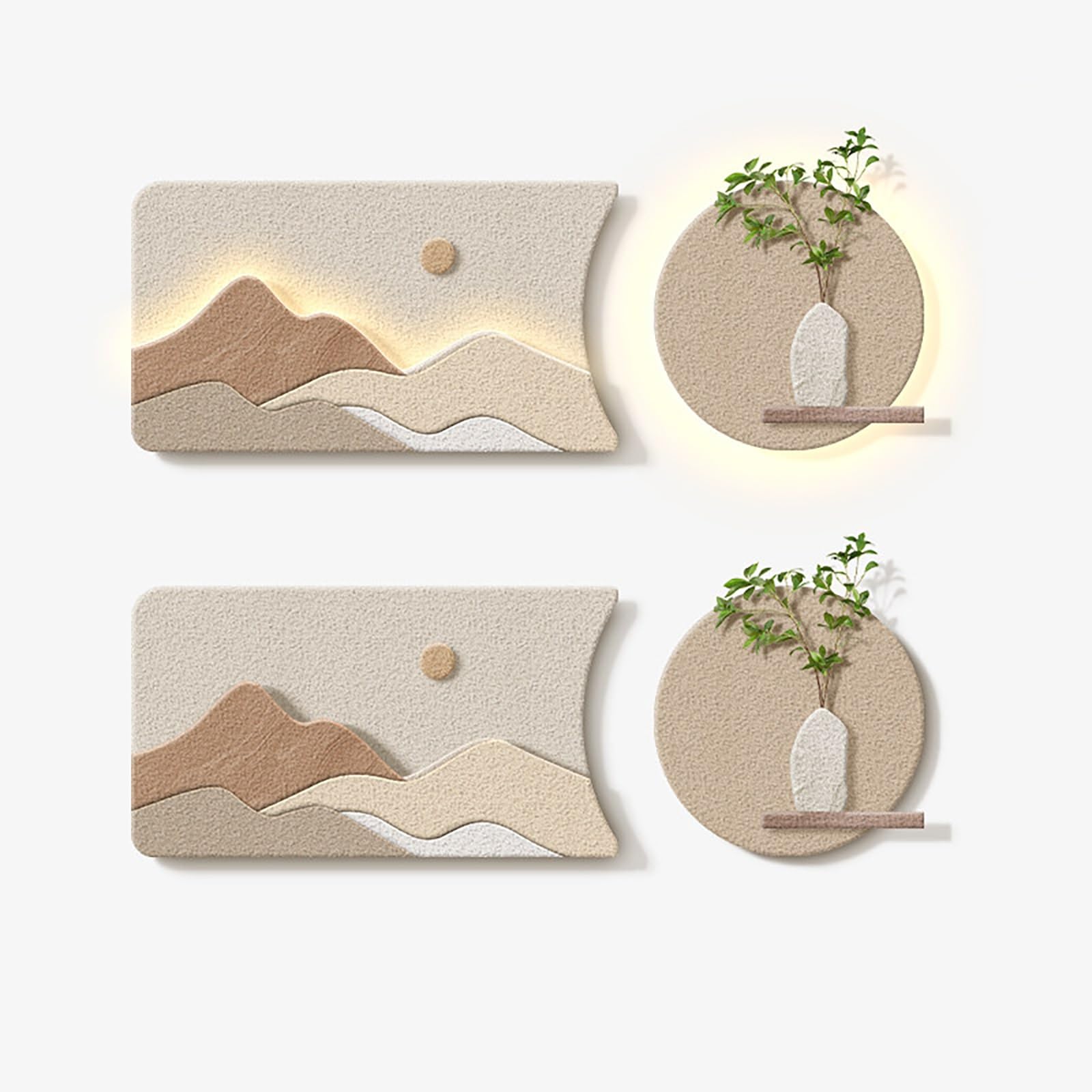 Tableau suspendu relief 3D végétal et grès à LED, déco murale style wabi-sabi