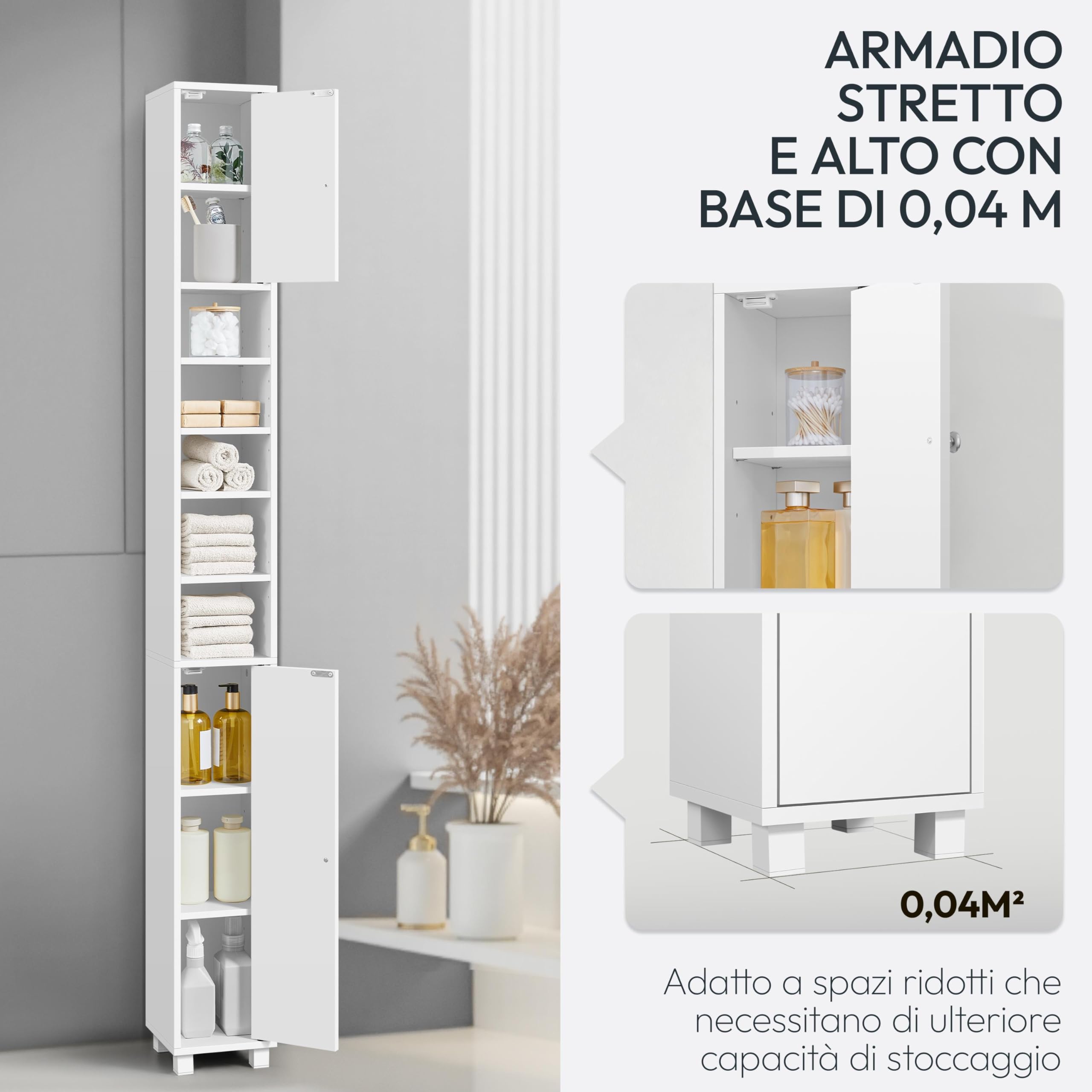 Colonna Bagno Stretta, Colonna Bagno Alto, Stretto, 20x20x180cm, Armadio, Mobiletto, con Antiribaltamento, Ripiani Regolabili, Bianco
