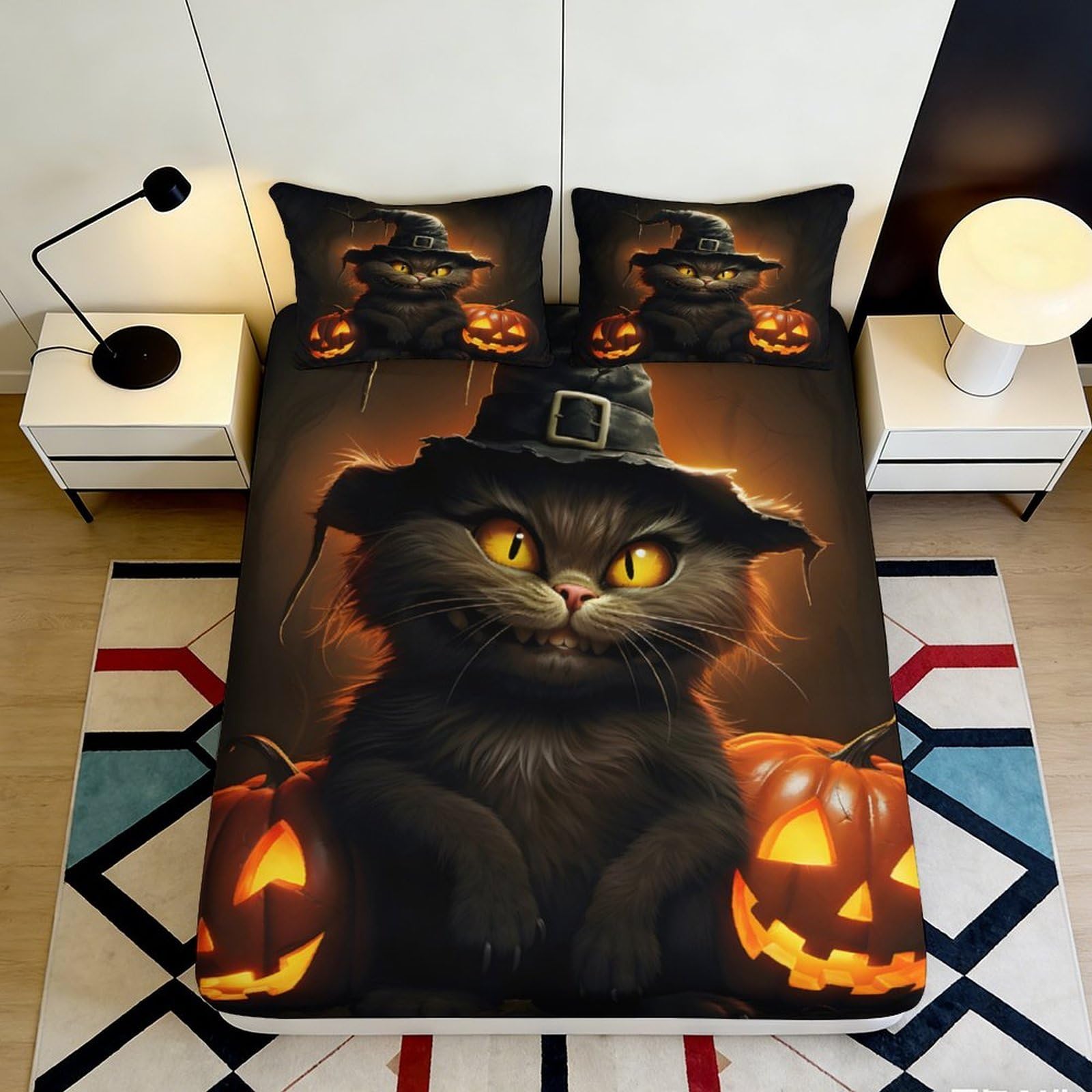 3D Printed Black Cat Witch Fitted Sheet Microfiber Halloween Pumpkin Bed Cover for Bedroom Guest Room Decor 90x200x25cm