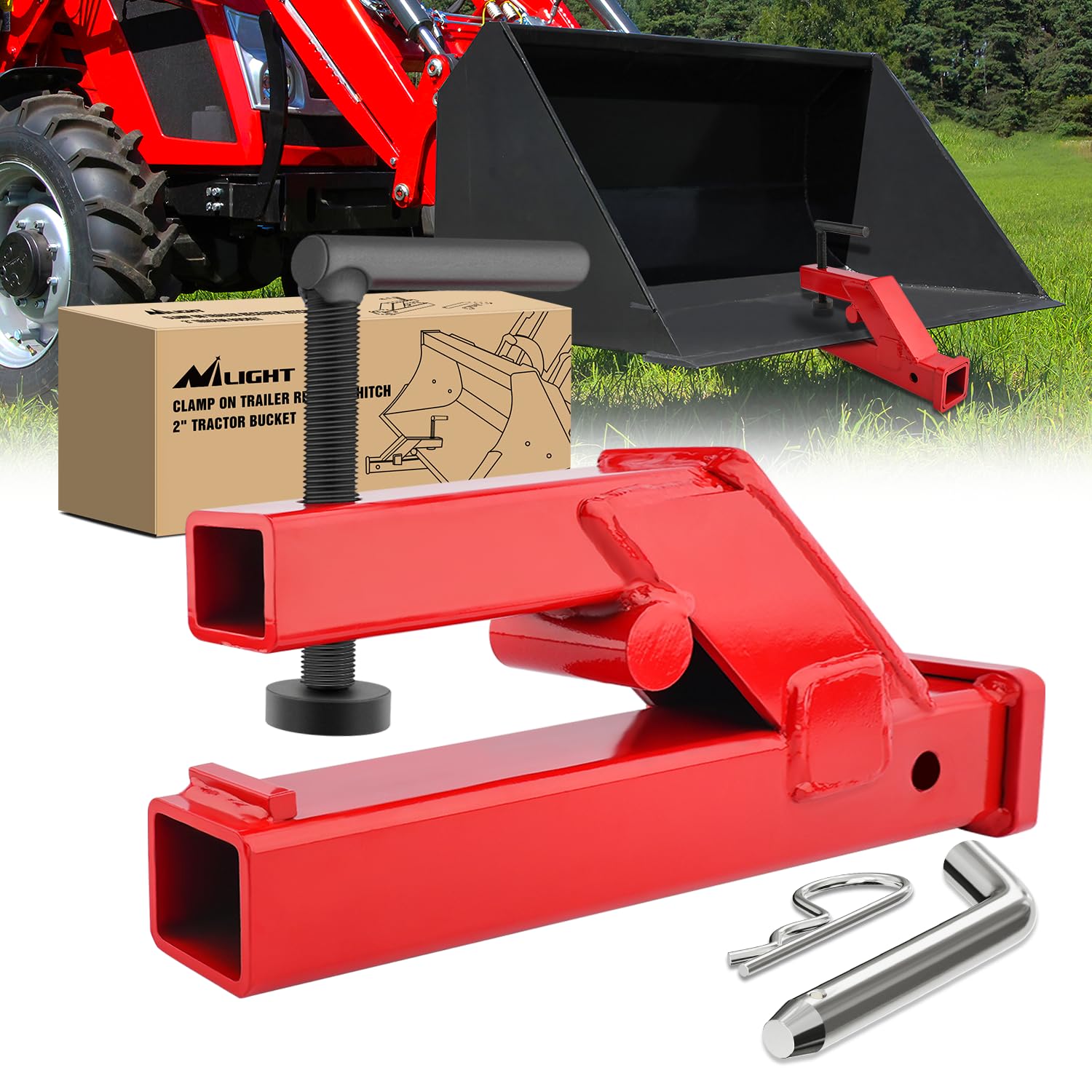 Nilight Clamp On Trailer Hitch 2 Inch Mount Receiver Adapter | Compatible with Tractor Bucket Forklift Hitch Attachment for Deere Bobcat Bucket