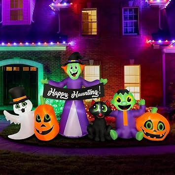 BLOWOUT FUN 8ft Length Halloween Inflatable Witch, Ghost, Frankenstein Baby, Black Cat with Pumpkin Decoration, LED Blow Up Lighted Clearance Decor Indoor Outdoor Holiday Art Decor Decorations