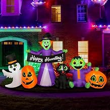 BLOWOUT FUN 8ft Length Halloween Inflatable Witch, Ghost, Frankenstein Baby, Black Cat with Pumpkin Decoration, LED Blow Up Lighted Clearance Decor Indoor Outdoor Holiday Art Decor Decorations