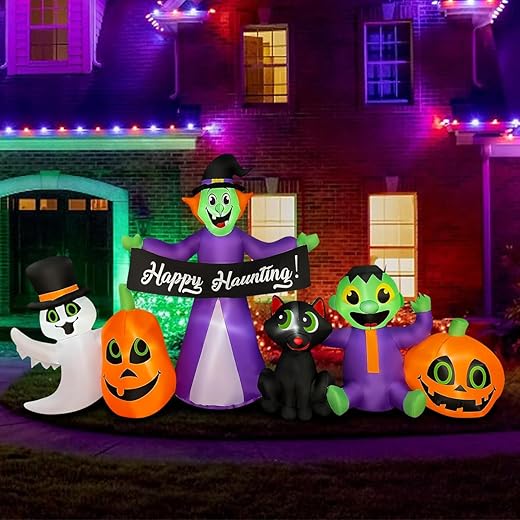BLOWOUT FUN 8ft Length Halloween Inflatable Witch, Ghost, Frankenstein Baby, Black Cat with Pumpkin Decoration, LED Blow Up Lighted Clearance Decor Indoor Outdoor Holiday Art Decor Decorations