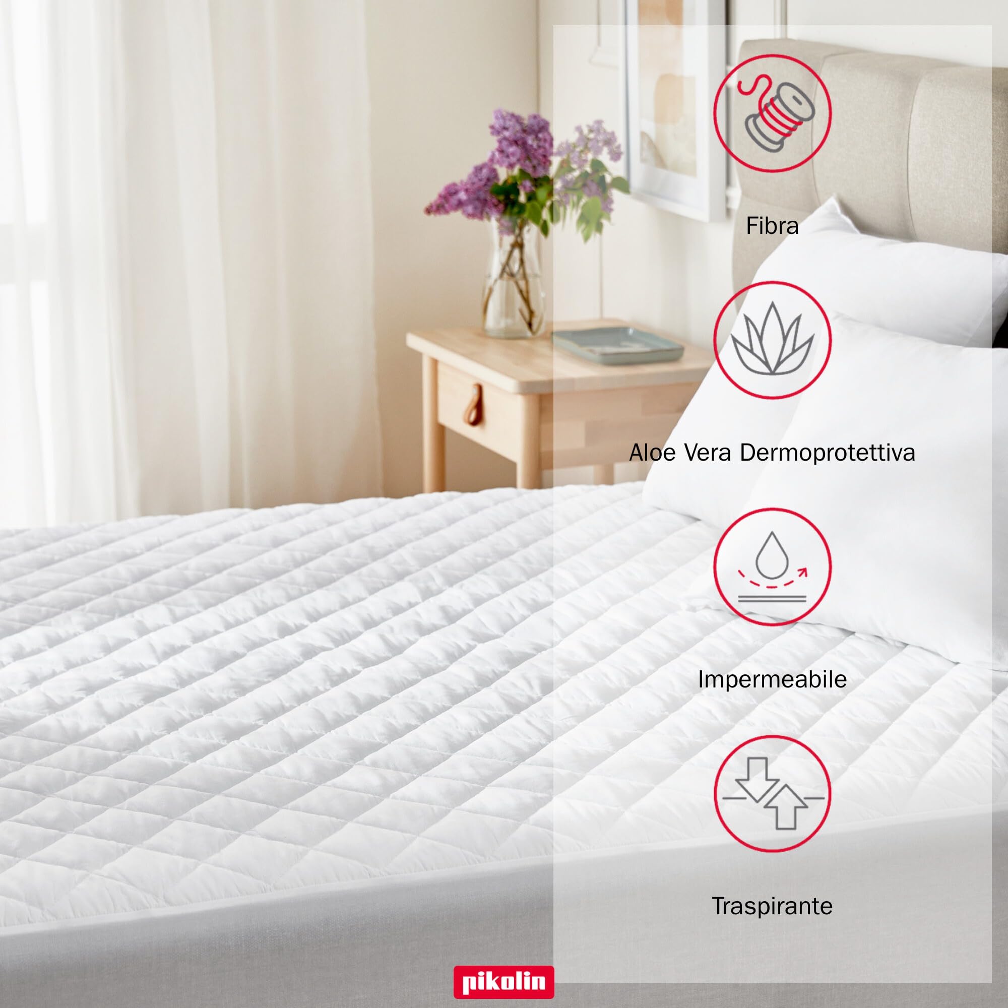 PIKOLIN - Coprimaterasso Impermeabile Aloe Vera 160x200 cm | Trapuntato per Pelli Sensibili, Traspirante | Faldone Elastico 32 cm, Lavabile in Lavatrice | Certificato OEKO-TEX