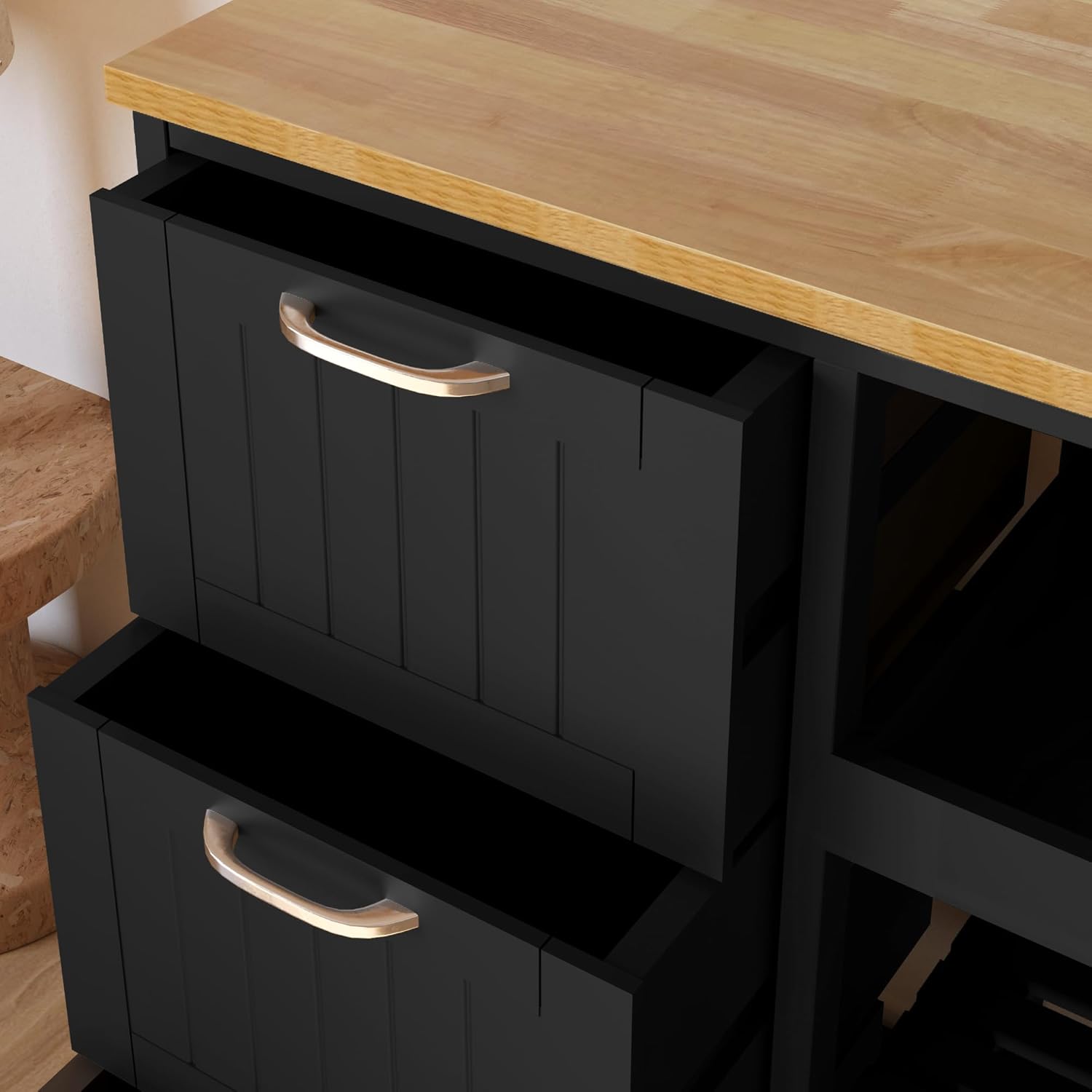 Usinso Kitchen Cart Small Kitchen Island with Storage, Serving Rolling Bar Cart on Wheels with 3 Drawers&Solid Wood Top, 3 Tier Shelves Kitchen Island Cart with Handle Racks, Black