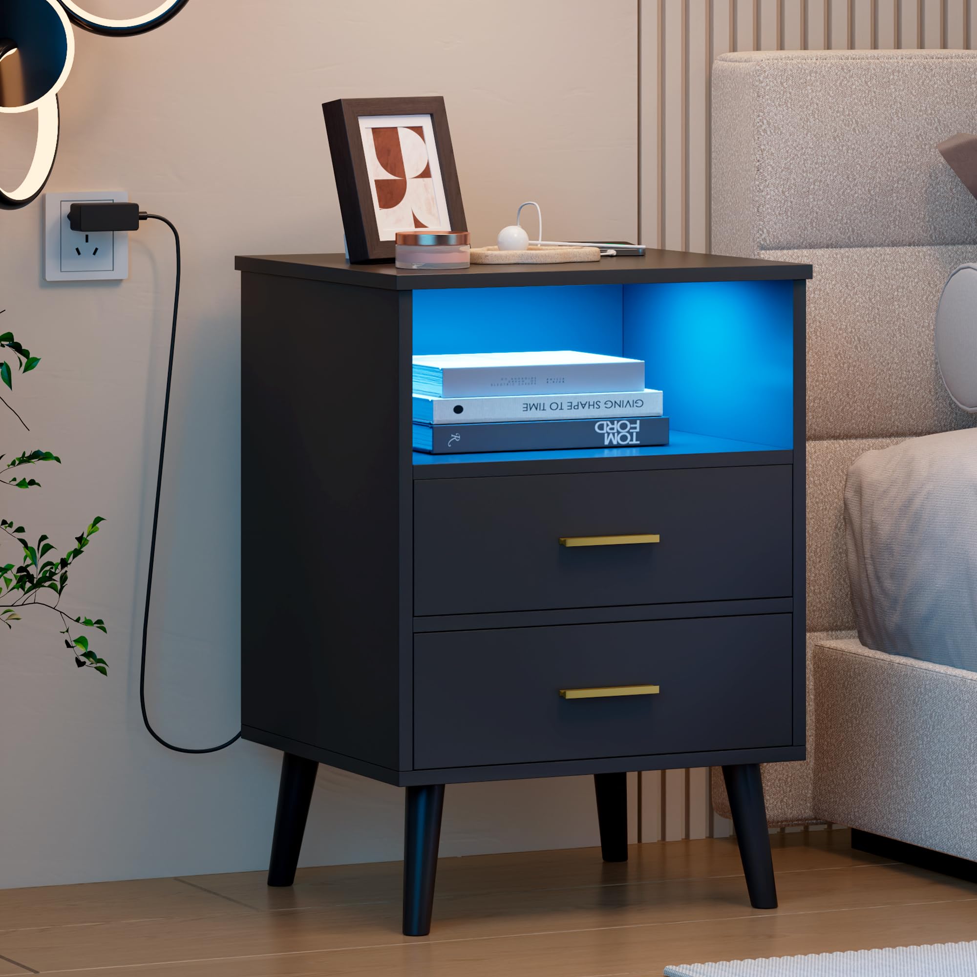 LVSOMT Nachtkastje met geheim vak en led, houten nachtkastje met