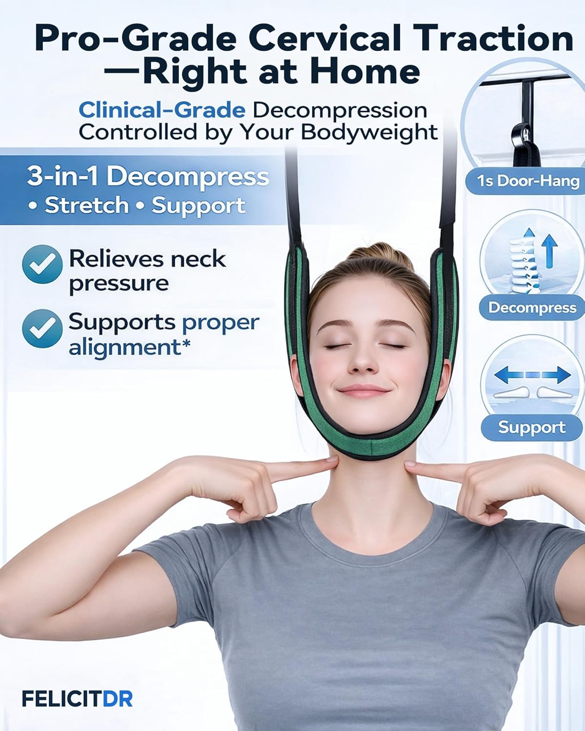 Upgraded Over-the-Door Cervical Neck Traction Device – Portable Adjustable Neck Stretcher for Neck Pain Relief, Spine Alignment & Posture Correction, Home Physical Therapy Kit, 330 lbs Support(Green)
