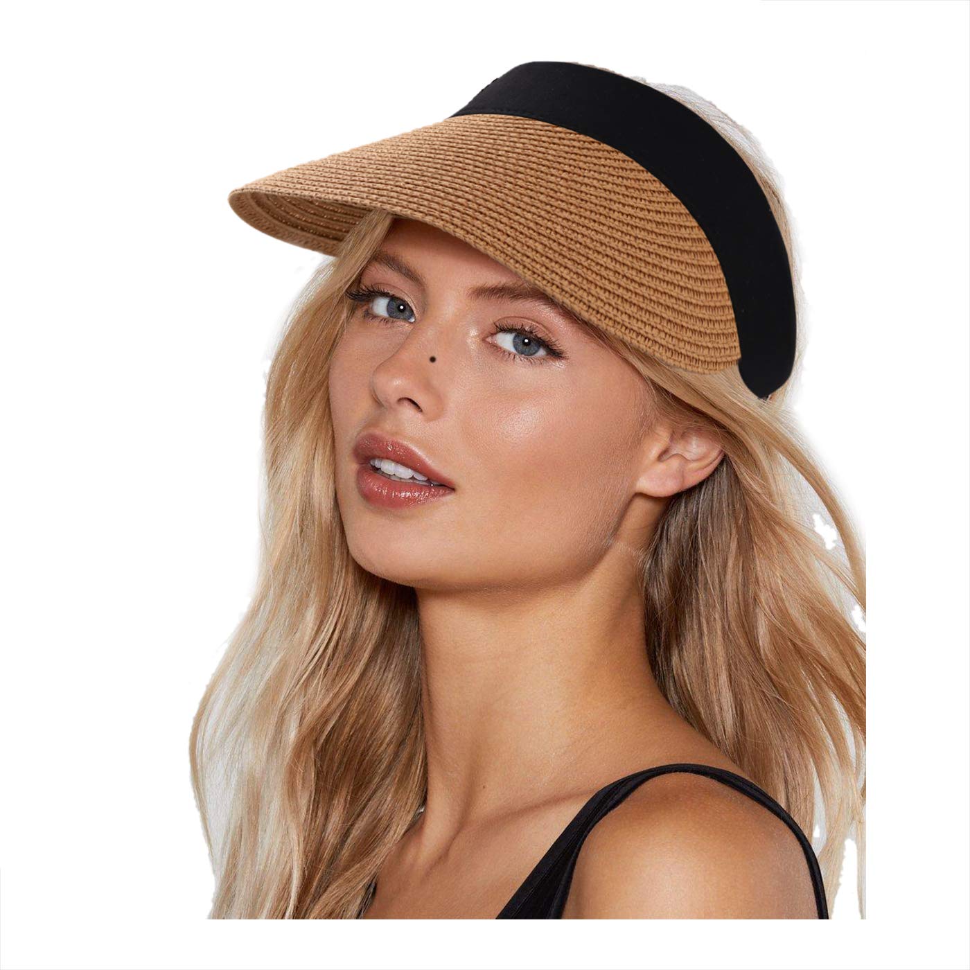 boderierStraw Sun Visor Hats for Women Wide Brim UV Protection Summer Running Beach Travel Packable Straw Hat Visor Caps