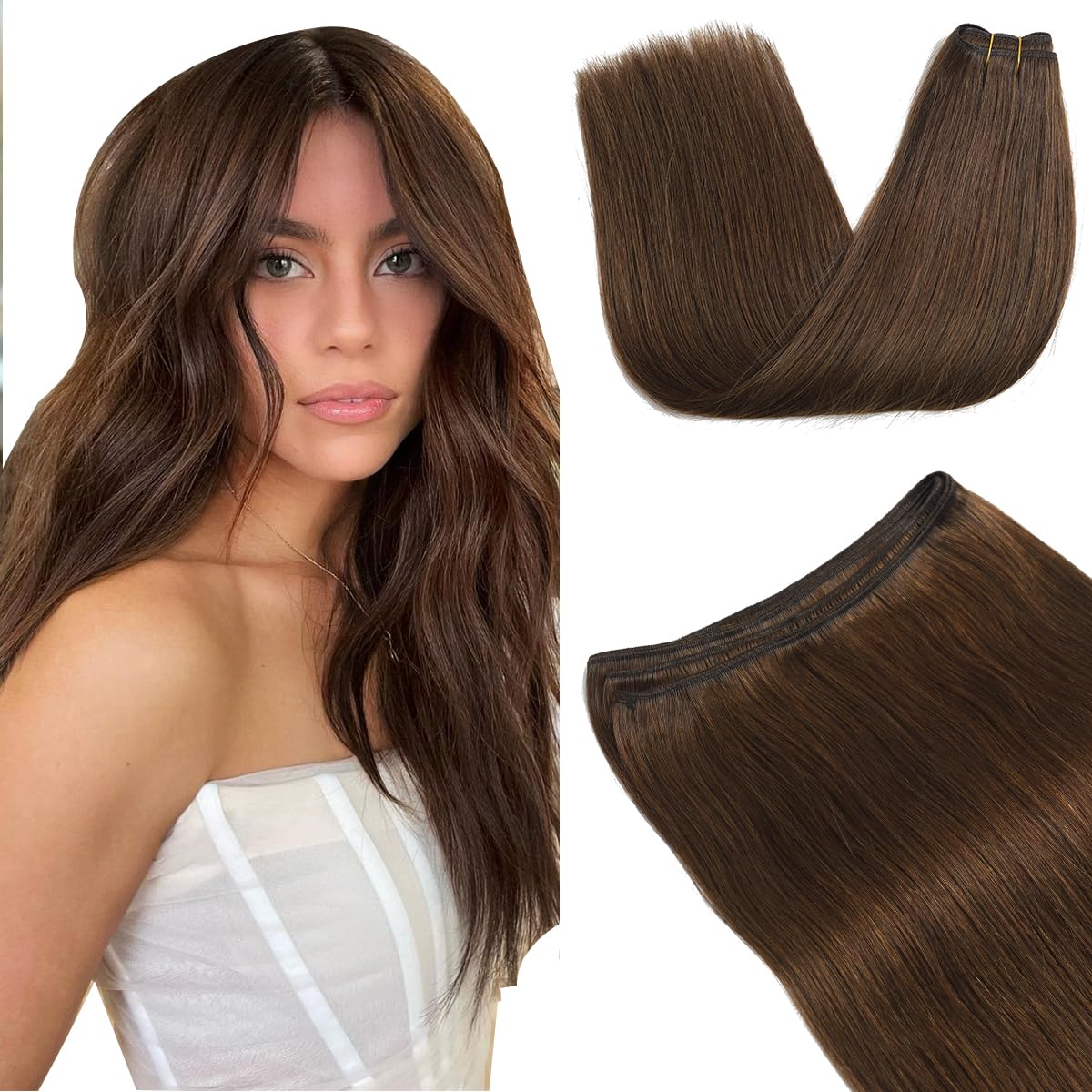 XDhair Extension Capelli Veri Tessitura Castano Cioccolato 35cm 80g Remy Capelli Umani Tessitura Extension Straight Natural Hair Invisibile (weft#4-14cm)