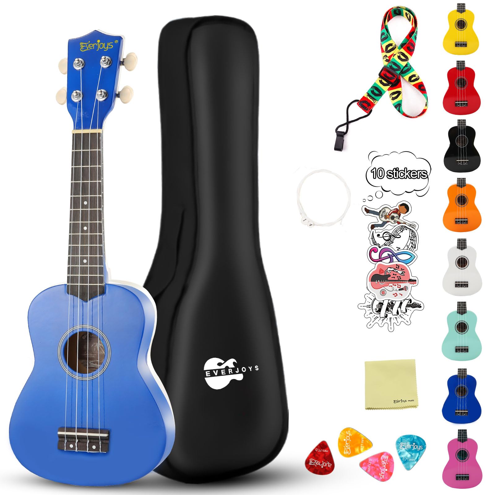 Ukulele soprano per principianti, kit per bambini, adulti, studenti, 53,3 cm, borsa da concerto, tracolla con corda di ricambio, panno per la pulizia e plettri per libro dei brani (blu shinny)